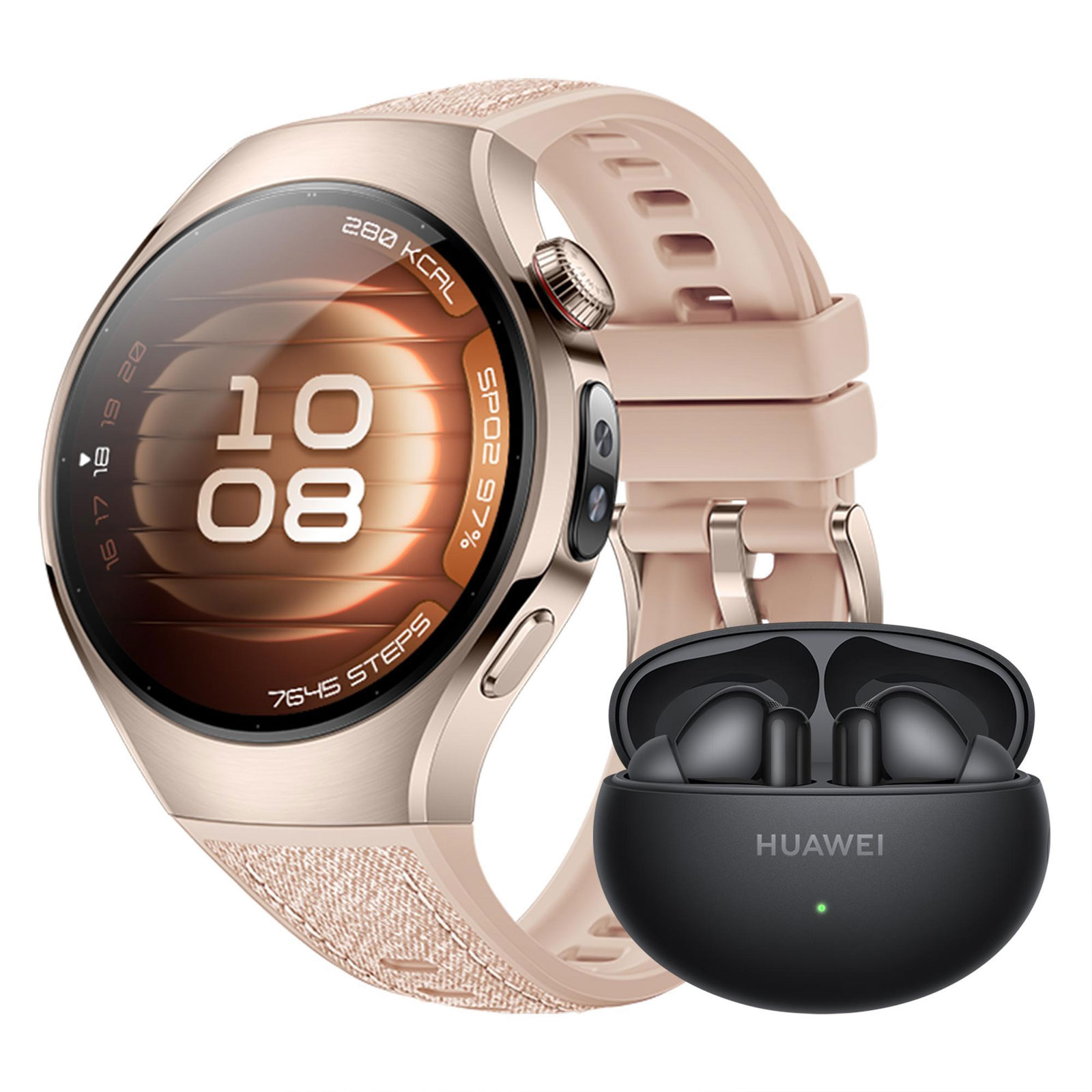Huawei Watch 5, 42 mm, Sandgoldenes 904L Edelstahlgehäuse mit beigem Kompositarmband + FreeBuds 6i (Herzfrequenzmessung, Schlafüberwachung, Schrittzähler)
