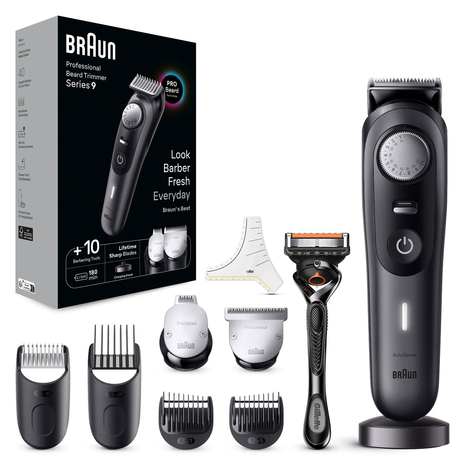 BRAUN Barttrimmer BT9421 (Akkubetrieb, lebenslang schärfste Pro-Klinge, AutoSense-Technologie, 40 Längeneinstellungen, präzise 0,5 mm-Schritte mit dem Präzisionsrad, Premium Barber Tools, Pro-Klinge-Trimmeraufsatz, Detail-Pro-Trimmerkopf, K