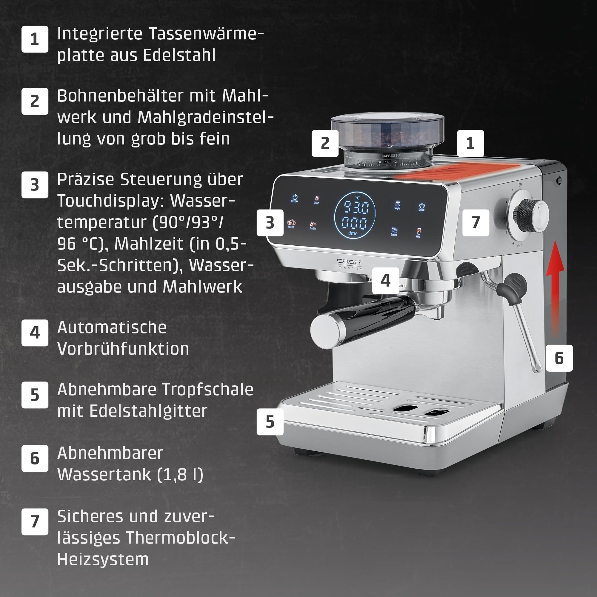 CASO EspressoGourmet & Grind Siebträgermaschine Edelstahl mit Mahlwerk