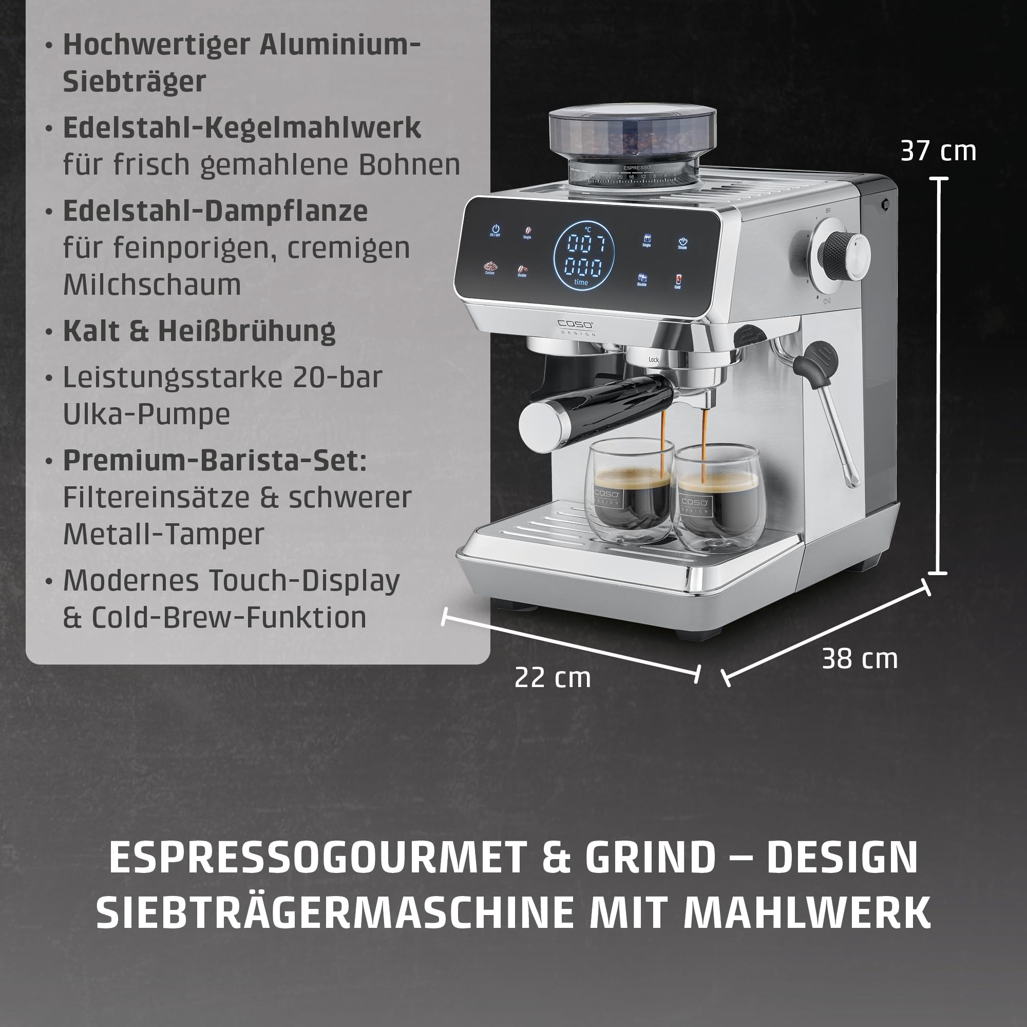 CASO EspressoGourmet & Grind Siebträgermaschine Edelstahl mit Mahlwerk