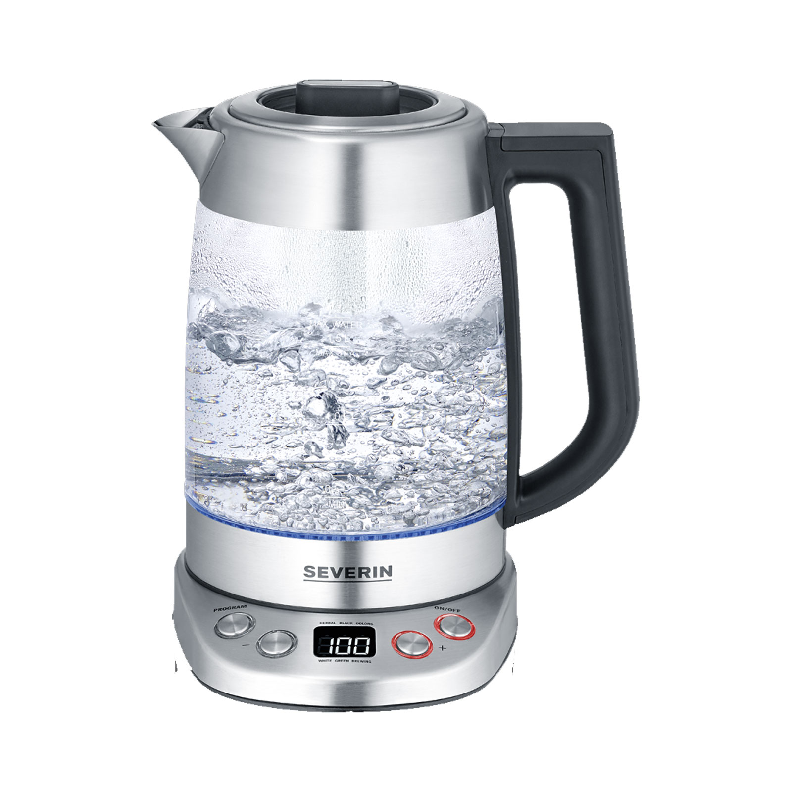 SEVERIN WK 3480 Glas Tee- und Wasserkocher (1,7 Liter Wasser, 1,5 Liter Tee, 3000 W, Edelstahl, Transparent, Temperatureinstellung, Warmhaltefunktion, 5 Teeprogramme)