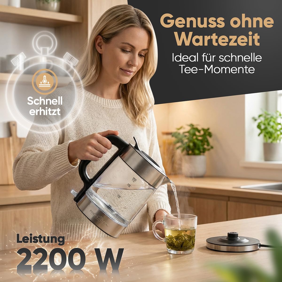 ProfiCook® Wasserkocher Glas | 1,7L | 2200W | beleuchtet | Einhandbedienung