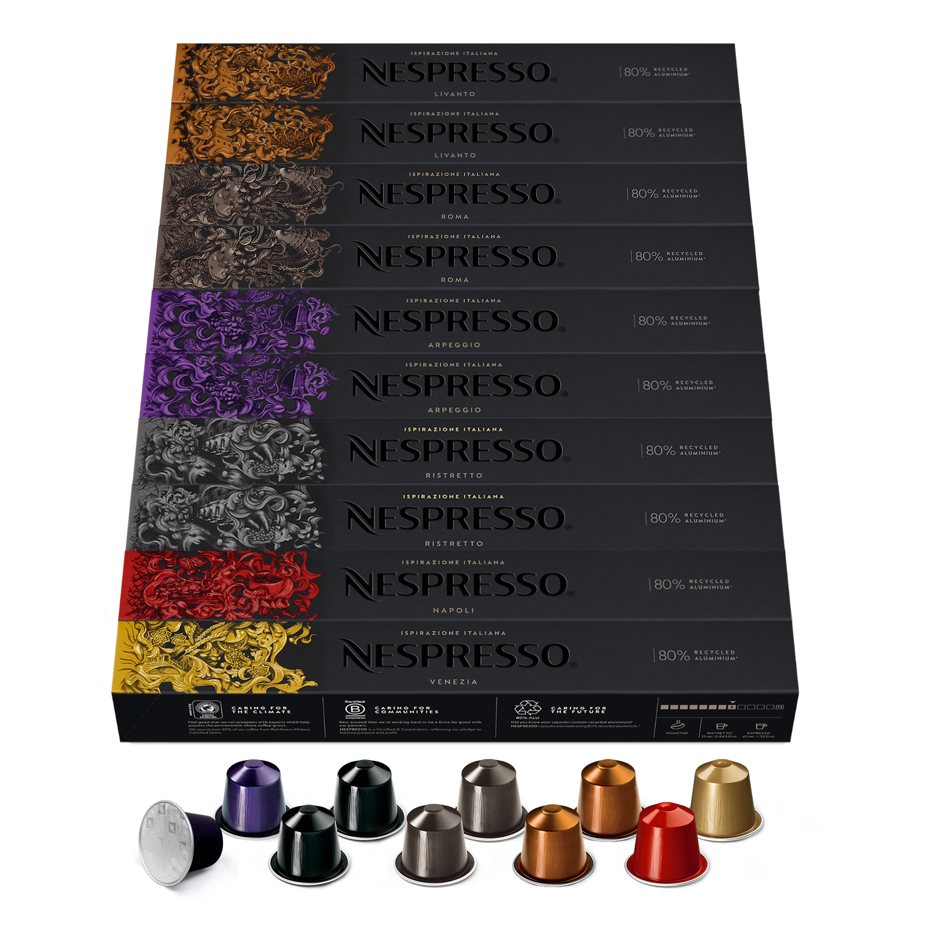 NESPRESSO ORIGINAL Ispirazione Italiana, Mittlere bis dunklere Röstungen, Kompatibel mit ORIGINAL Kapselmaschinen, Ideal für Espresso und Lungo, Kapsel Set aus 100 Kaffeekapseln
