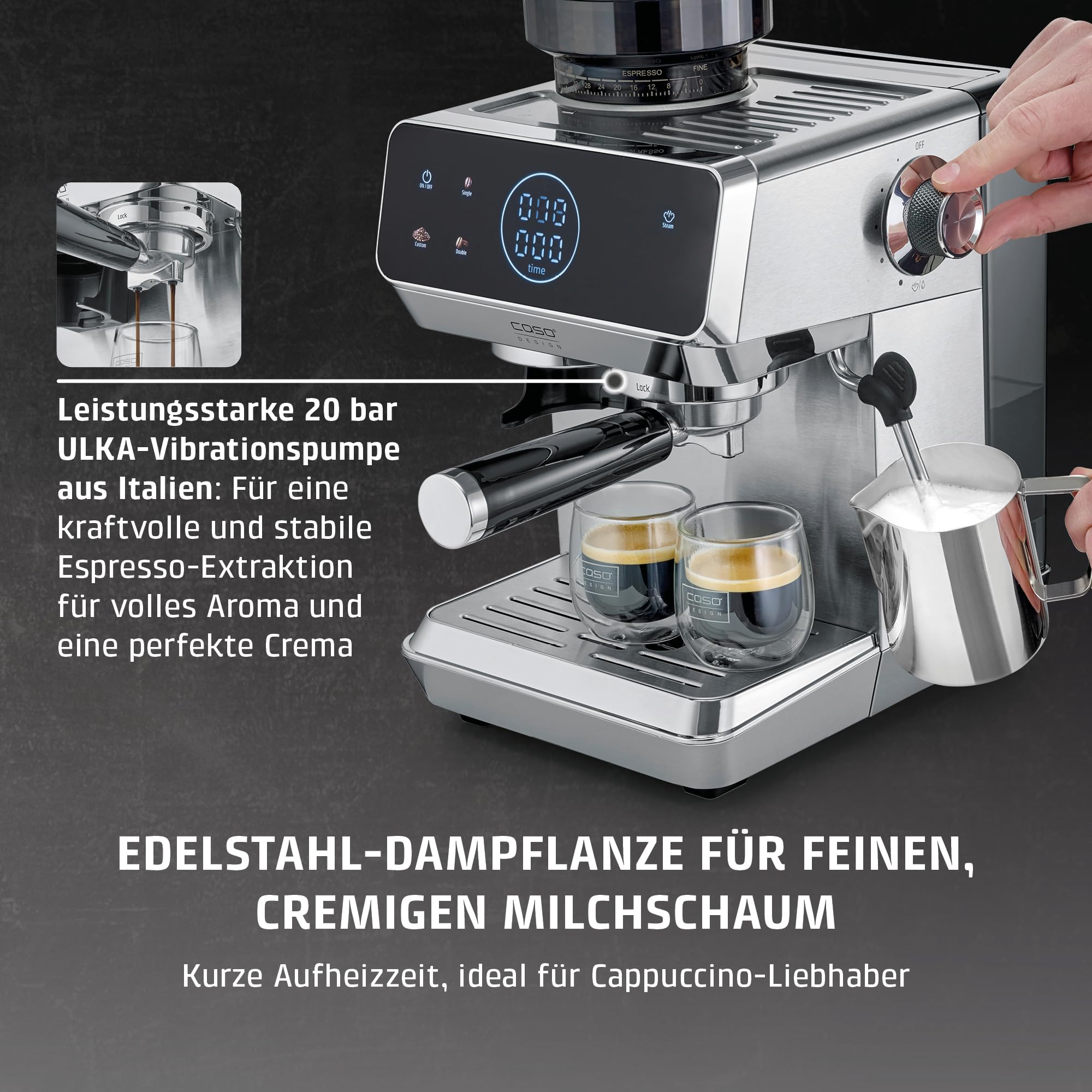 CASO EspressoGourmet & Grind Siebträgermaschine Edelstahl mit Mahlwerk