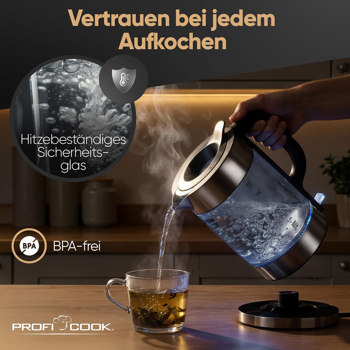 ProfiCook® Wasserkocher Glas | 1,7L | 2200W | beleuchtet | Einhandbedienung