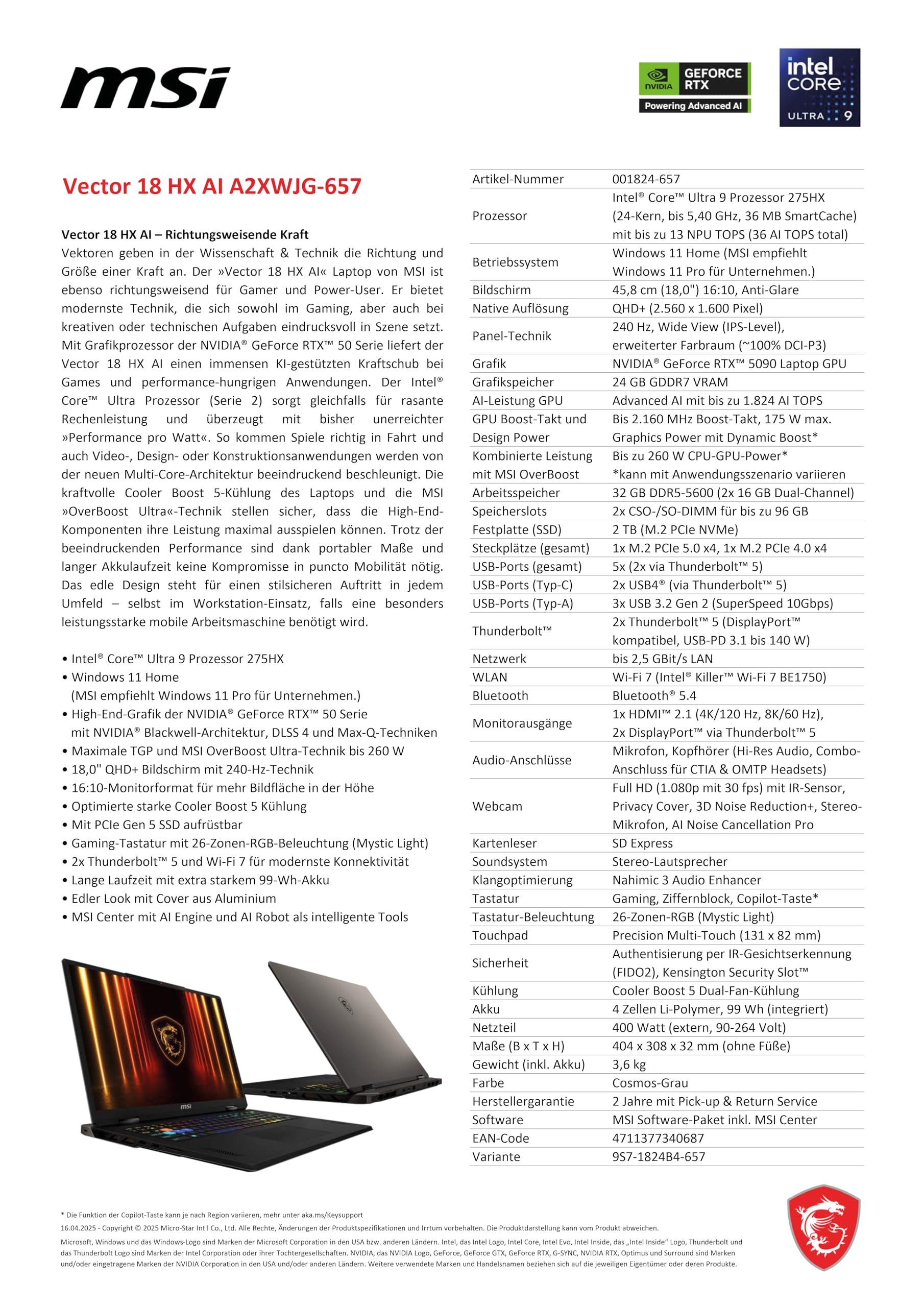 MSI Vector 18 HX AI Gaming-Laptop, 18" QHD+ 240 Hz Display