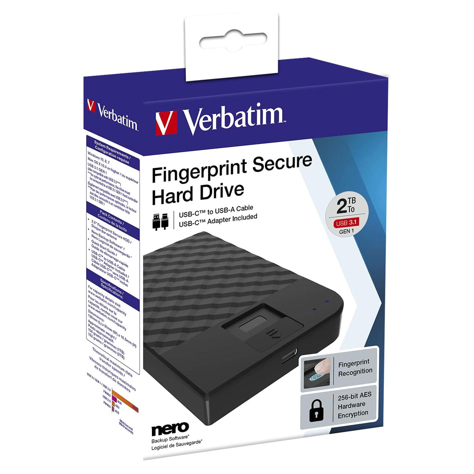 VERBATIM Fingerprint Secure HDD 2,5 Zoll 2TB Externe HDD-Festplatte (USB 3.0)