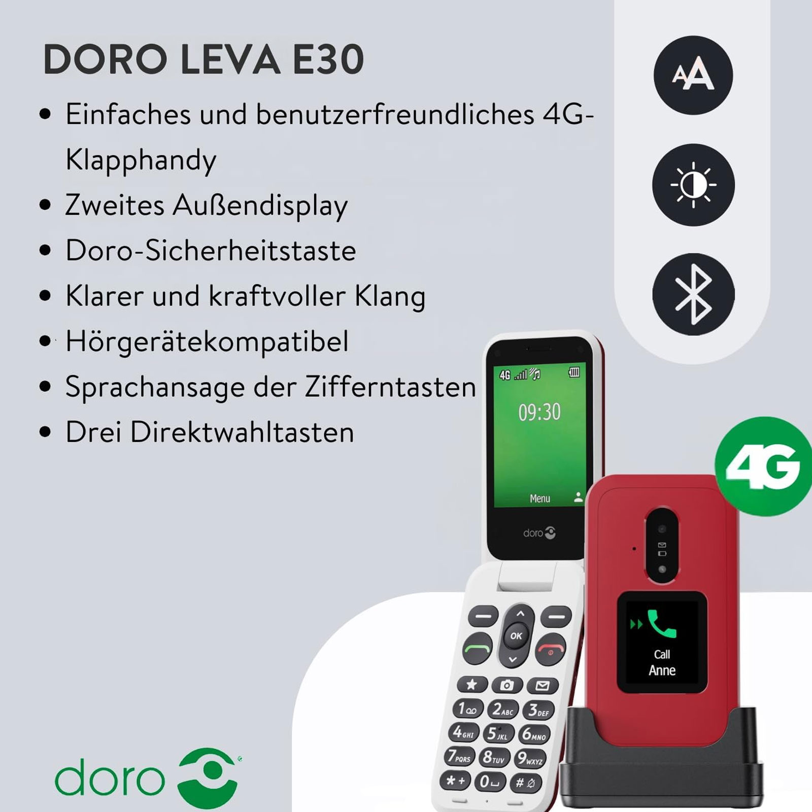Doro Leva E30 4G Klapphandy für Senioren inklusive Ladestation Doro Leva E30 4G Klapphandy für Senioren inklusive Ladestation