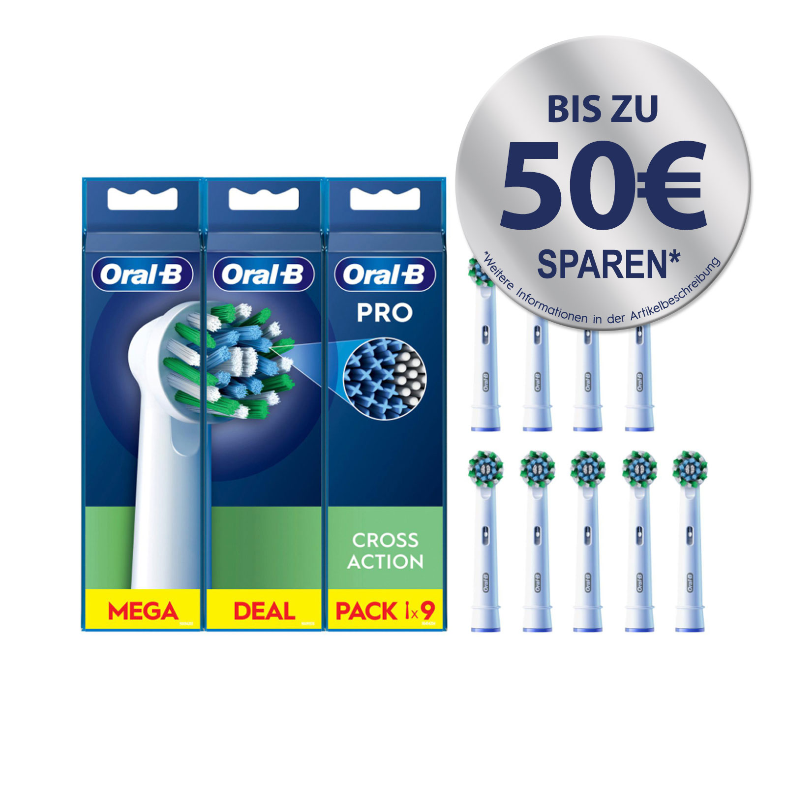Oral-B Aufsteckbürsten Pro CrossAction, 9 Stück (Garantierte Passform mit allen wiederaufladbaren Zahnbürsten von Oral-B, außer Pulsonic und iO)