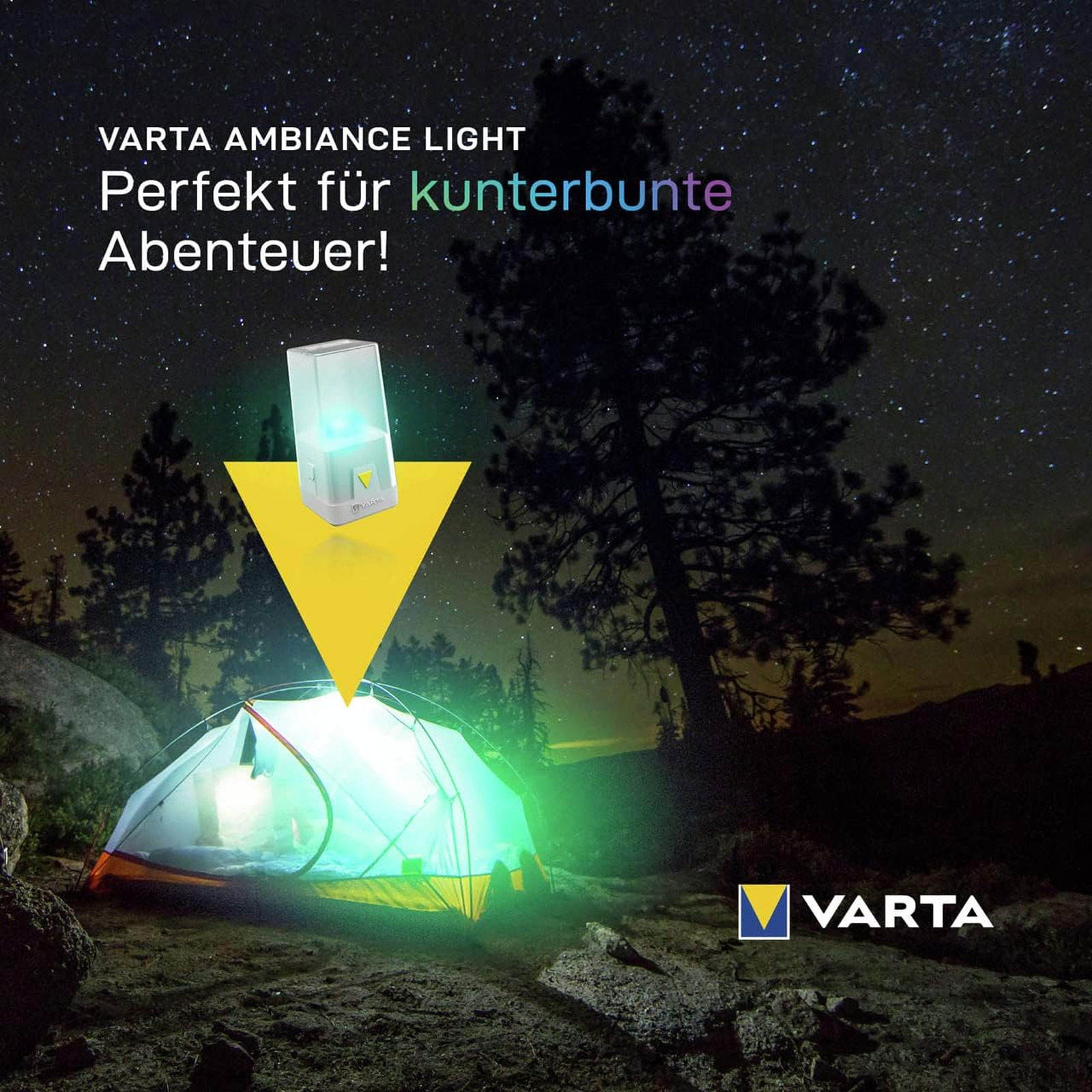 VARTA Outdoor Ambiance L10 Campingleuchte (Batteriebetrieben (3x AA), 6 verschiedene Farben, Aufhängemöglichkeiten, spritzwassergeschützt, Dimmfunktion)