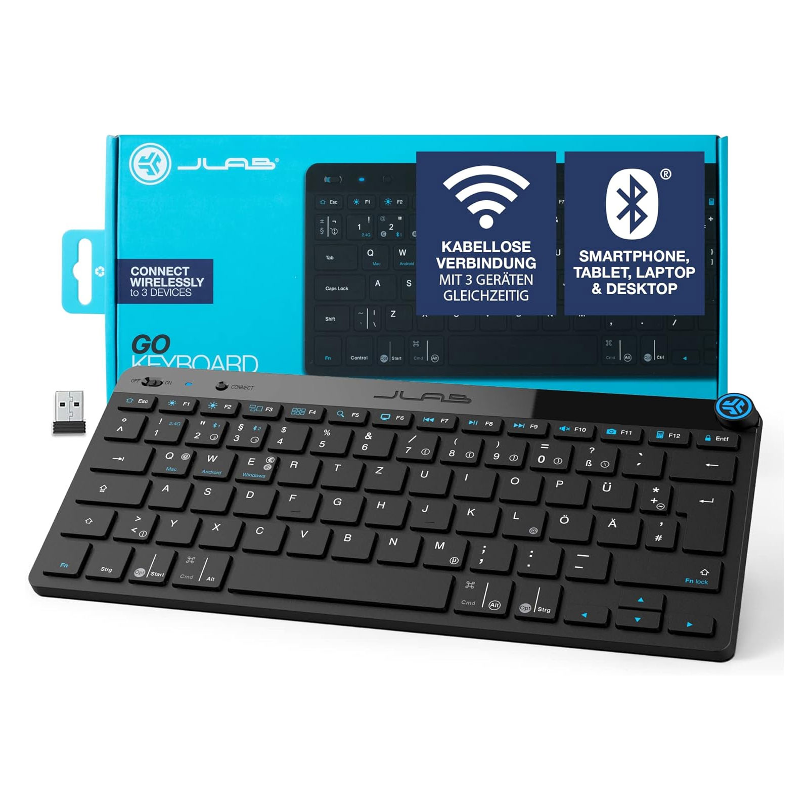 JLab Go Keyboard Schwarz Wireless-Tastatur Bluetooth und 2,4 GHZ USB Dongle 