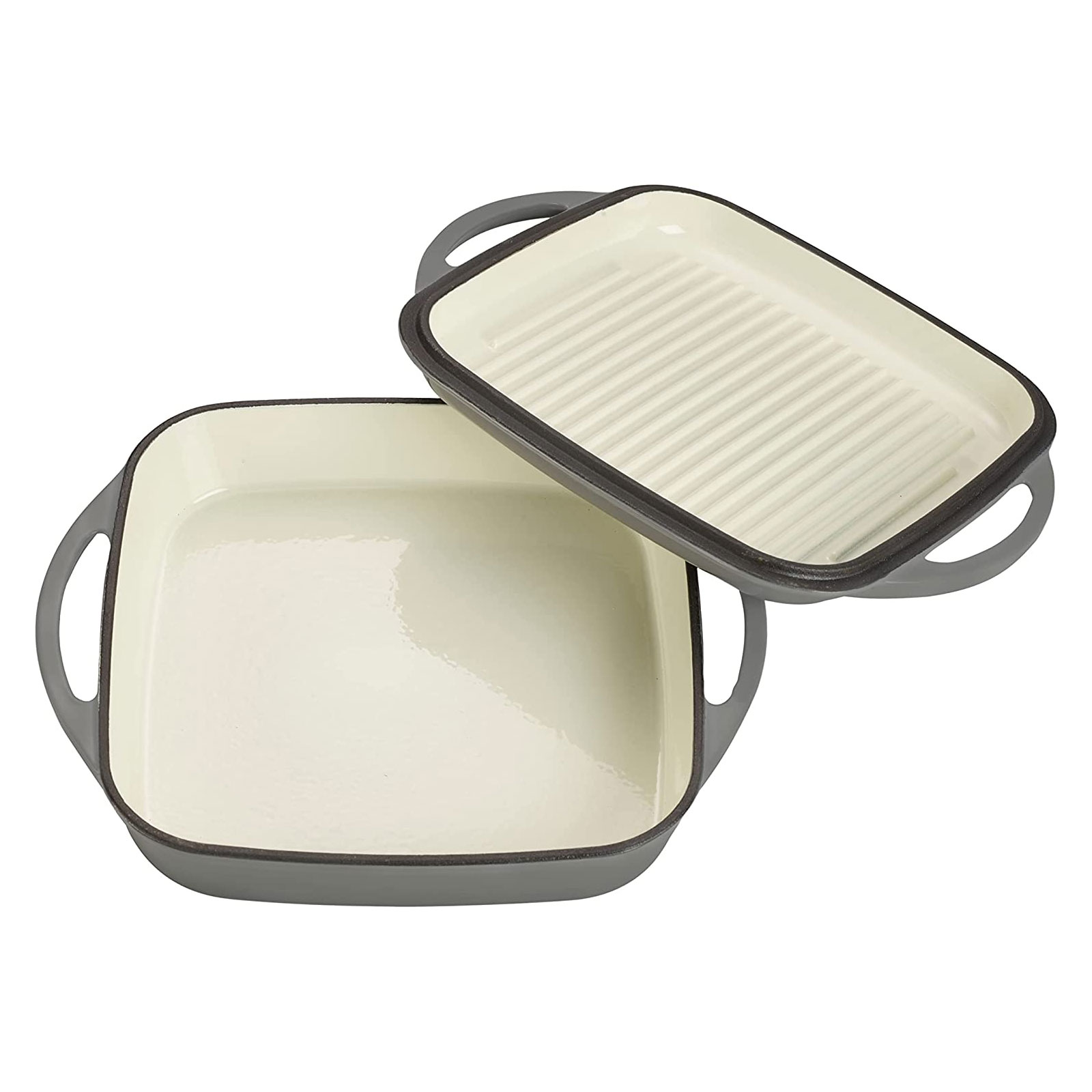 Echtwerk Universalbräter 2-in-1 Set Gusseisen Auflaufform mit Deckel Gusseisentopf Emaille-Beschichtung Backöfen Grill BBQ Induktion Grau 1,5 L