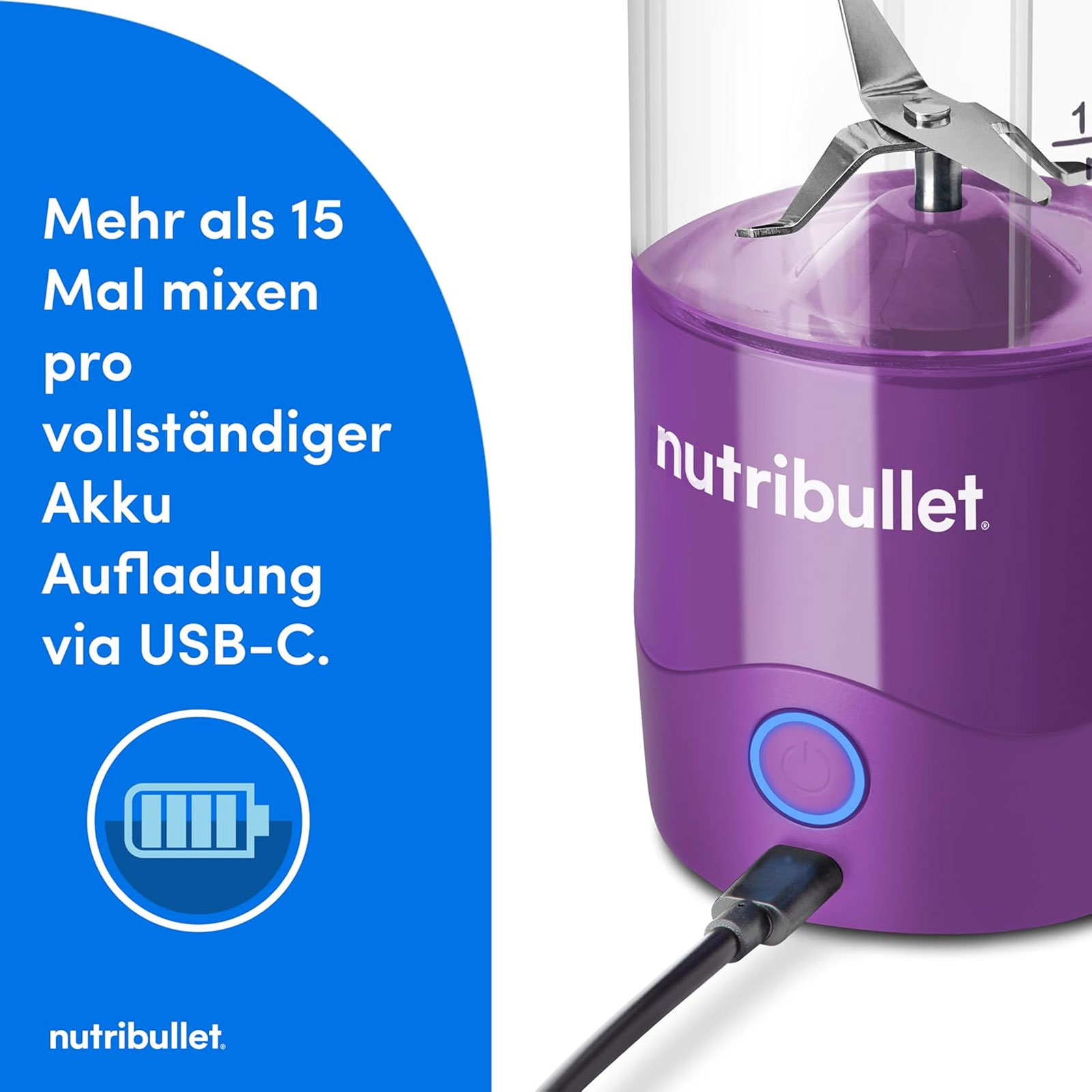 nutribullet NBP003PU Portable Samtlila Standmixer (Akkubetrieb, 0,475 Liter Tritan™ Mixbecher, To Go Deckelaufsatz, 6-Punkt-Edelstahlklinge, Smoothiefunktion, Pulsfunktion, Kunststoff/Edelstahl, Samtlila)