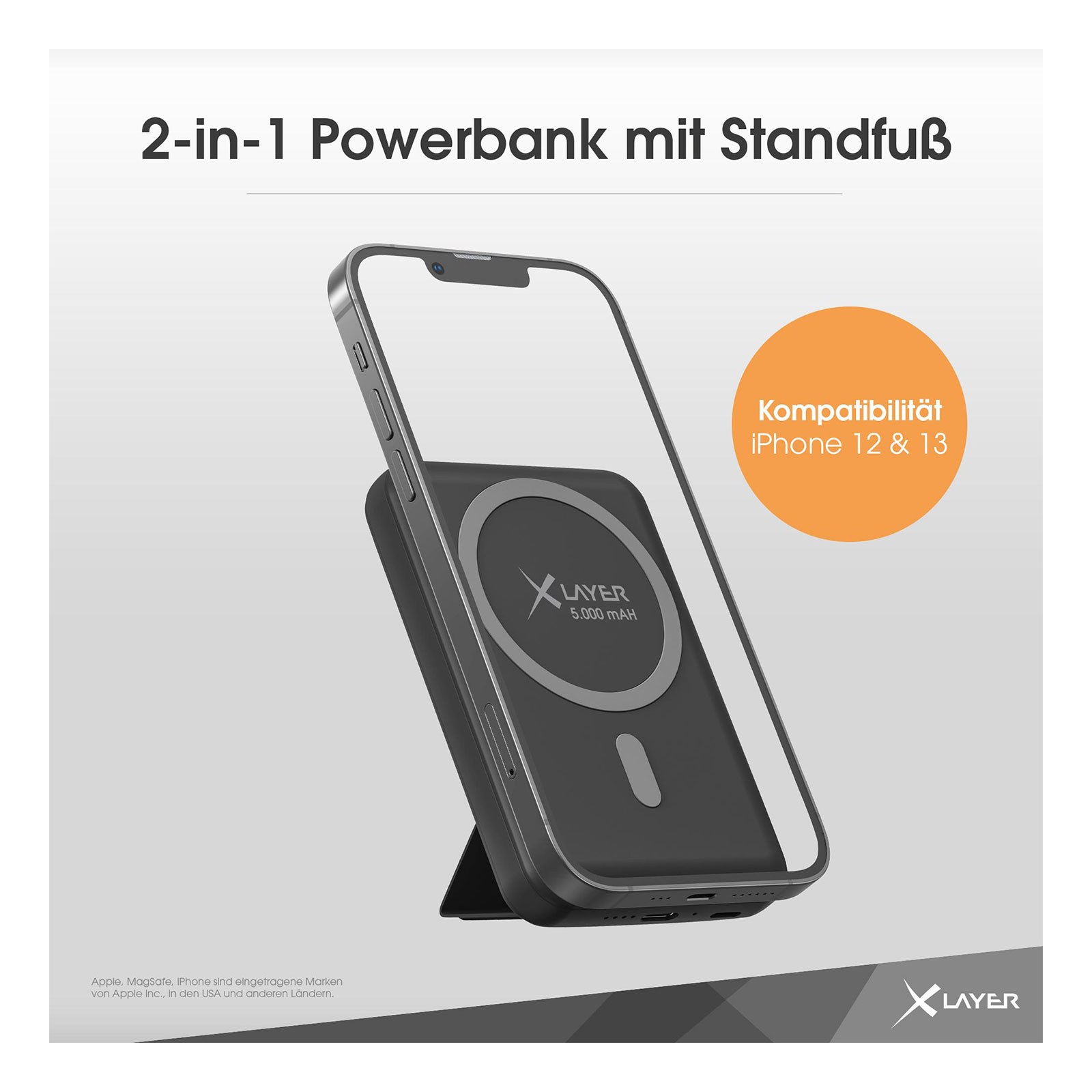 XLayer MagFix Pro 2-in-1 Powerbank mit Standfuß 5.000 mAh Schwarz