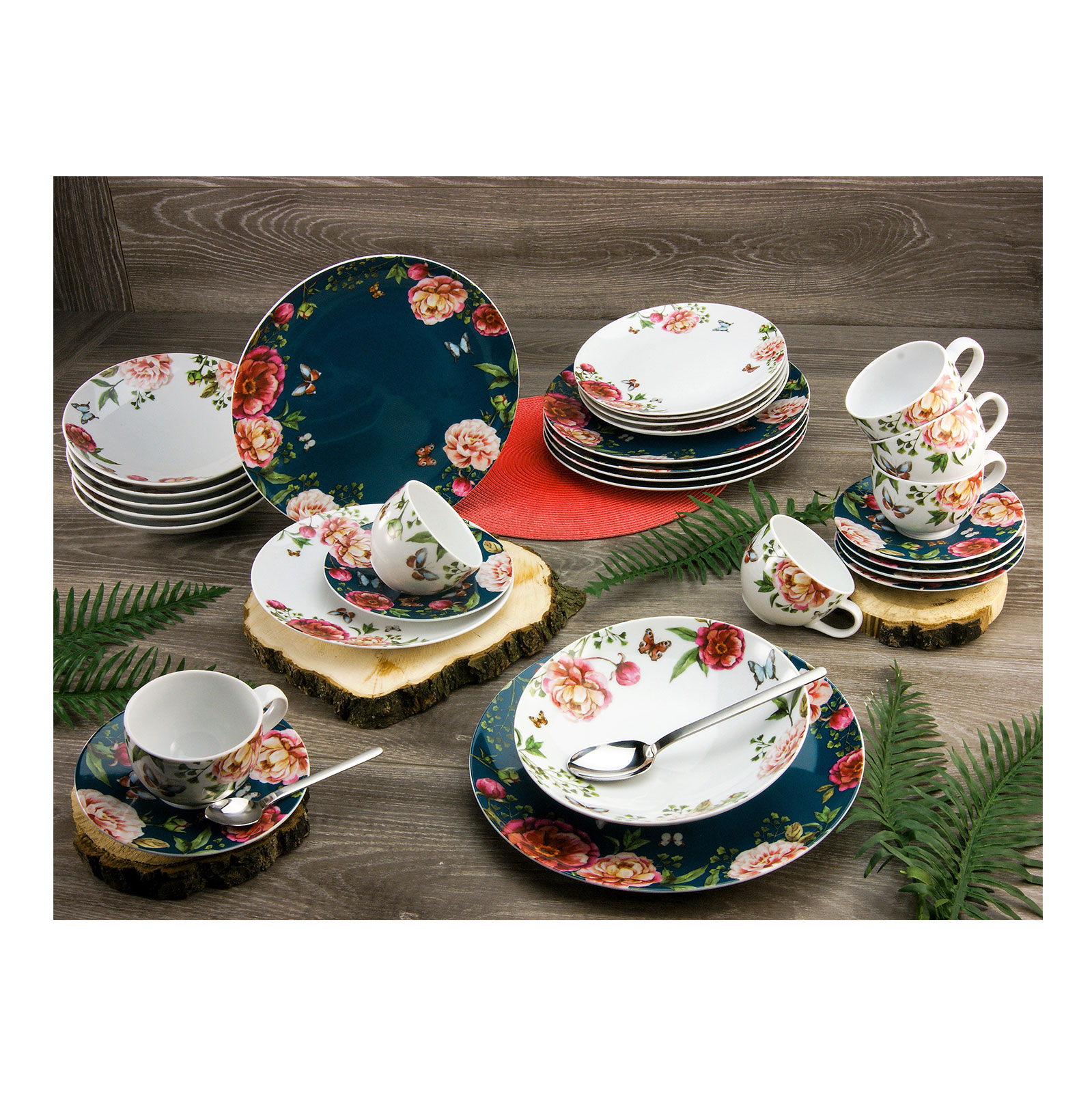CreaTable, 22221, Serie Enjoy ROSES - Petrol + weiss, Geschirrset, Kombiservice 30 teilig
