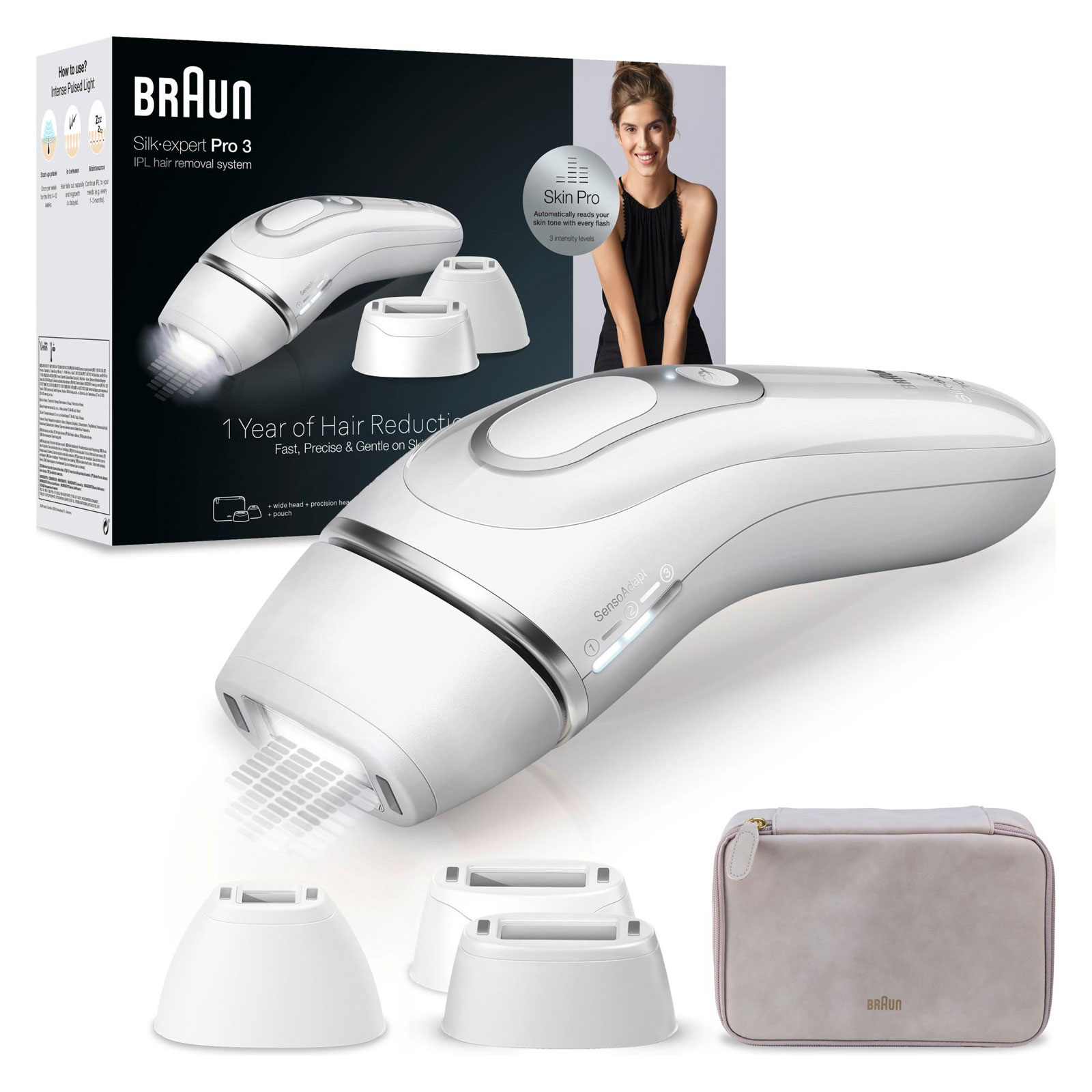 Braun IPL Haarentferner IPL Silk·expert Pro 3 PL3230 (SkinPro 2.0 (SensoAdaptTM), automatische Hautton-Anpassung, bis zu 100 Lichtimpulse pro Minute, Sensitiv-Modus, Aufbewahrungstasche, Standard-, Präzisions- und breiter Aufsatz)