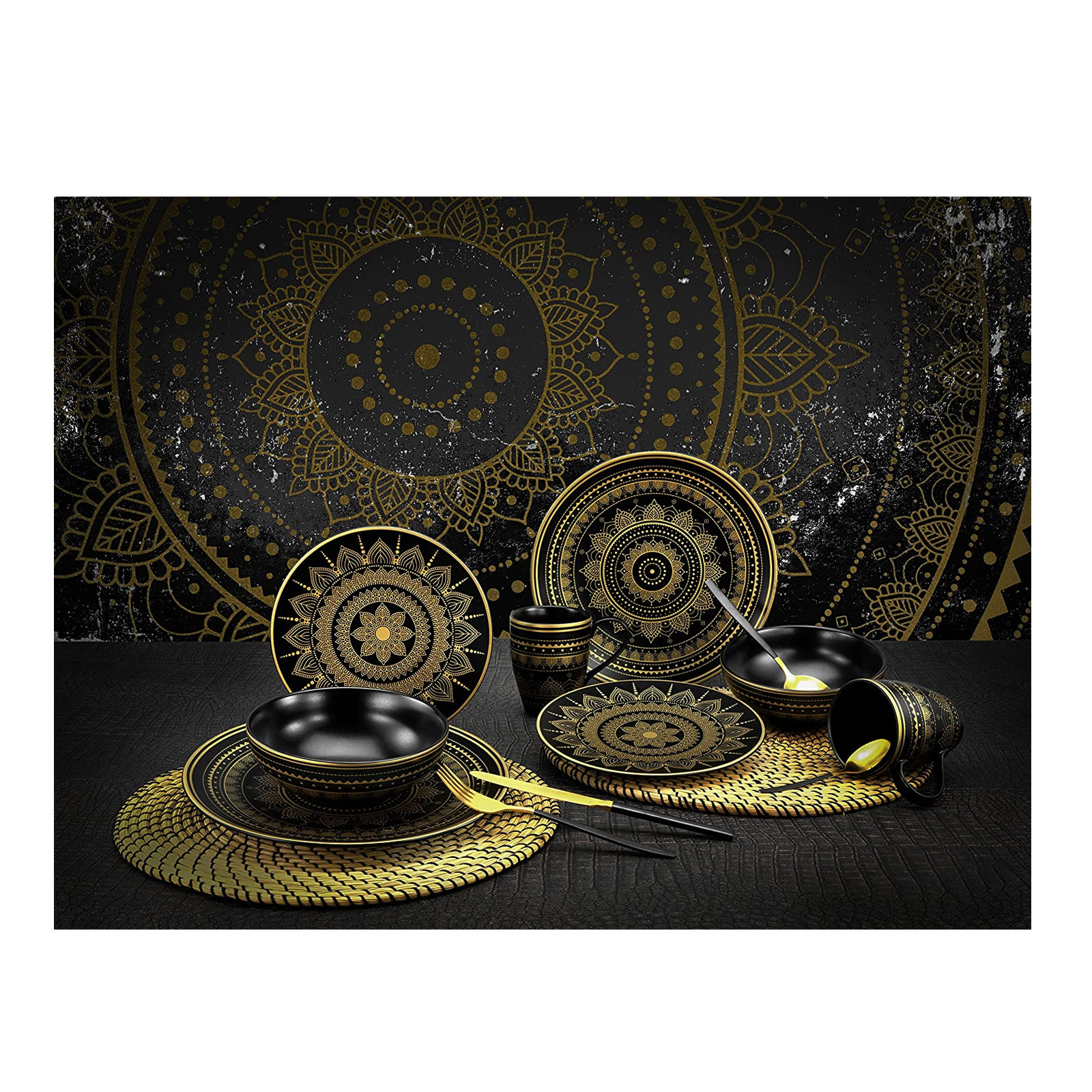 CreaTable, 23587, Serie MANDALA GOLD - schwarz, Geschirrset, Kombiservice 8 teilig