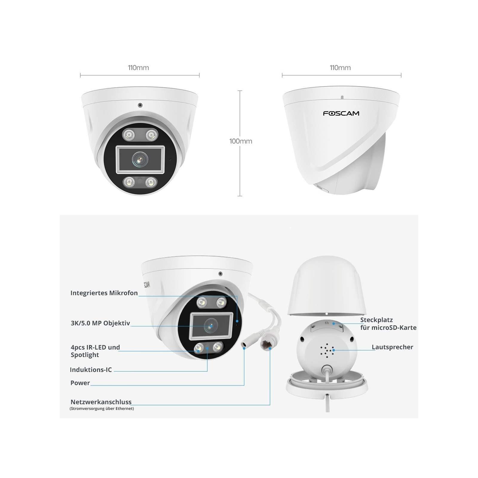 Foscam T8EP, 8 MP PoE-Überwachungskamera mit integriertem Scheinwerfer und Alarmsirene, Schwarz