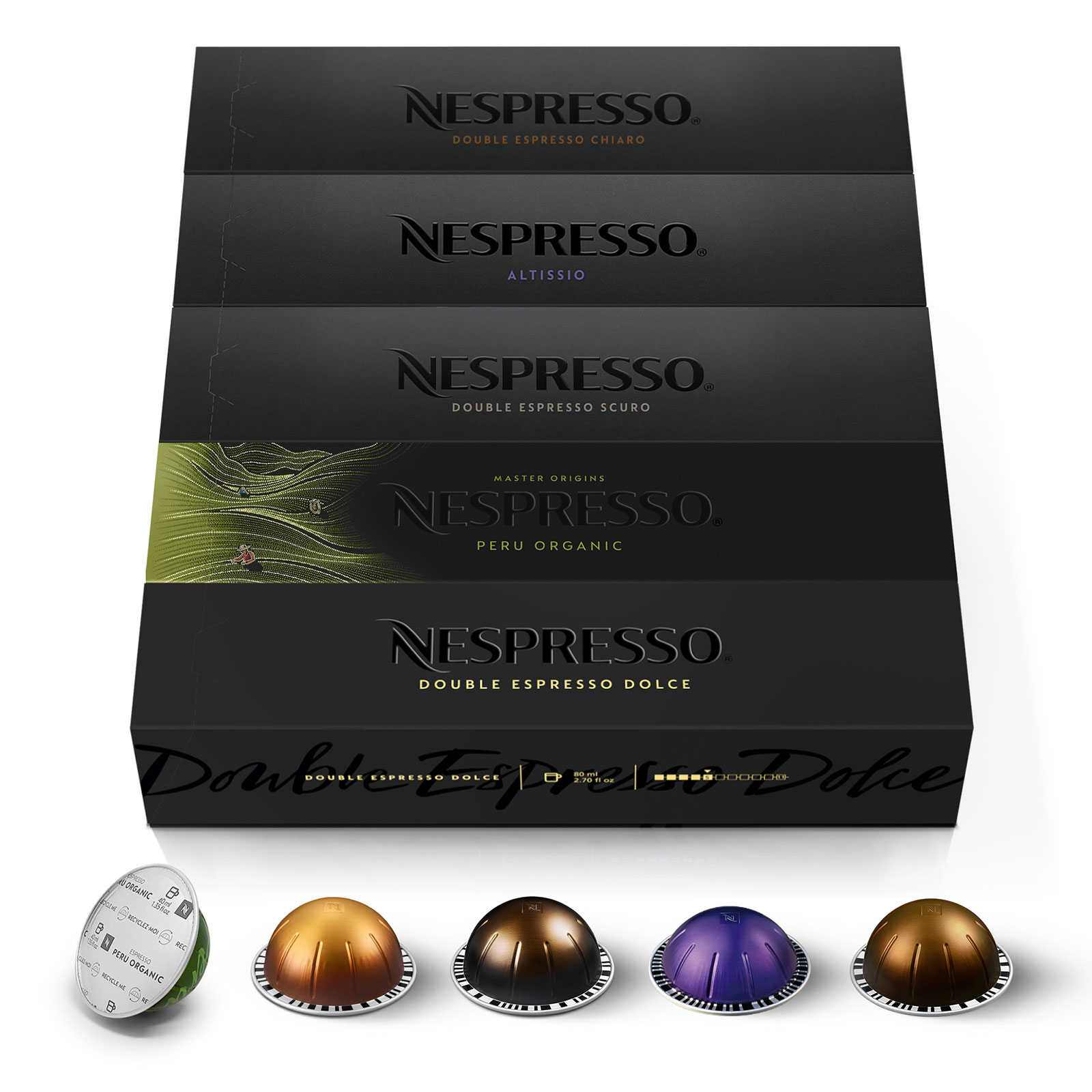 NESPRESSO VERTUO, Auswahl an Espresso (40ml) und Double Espresso (80ml) Kaffees, Leichte, mittlere und dunkle Röstungen, Kompatibel mit VERTUO Kaffeemaschinen, Kapsel Set aus 50 Kaffeekapseln