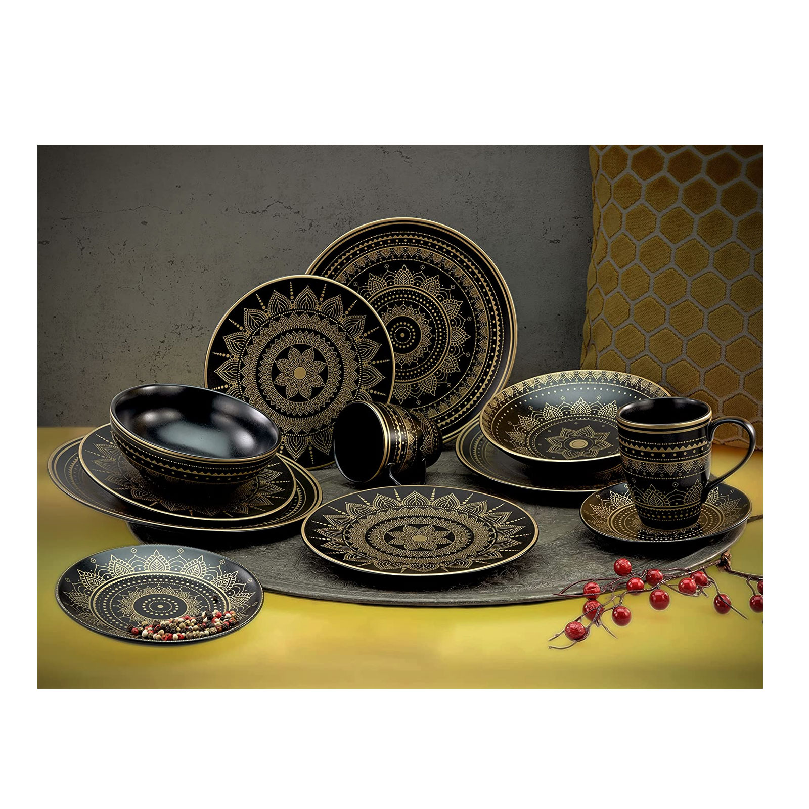 CreaTable, 23587, Serie MANDALA GOLD - schwarz, Geschirrset, Kombiservice 8 teilig