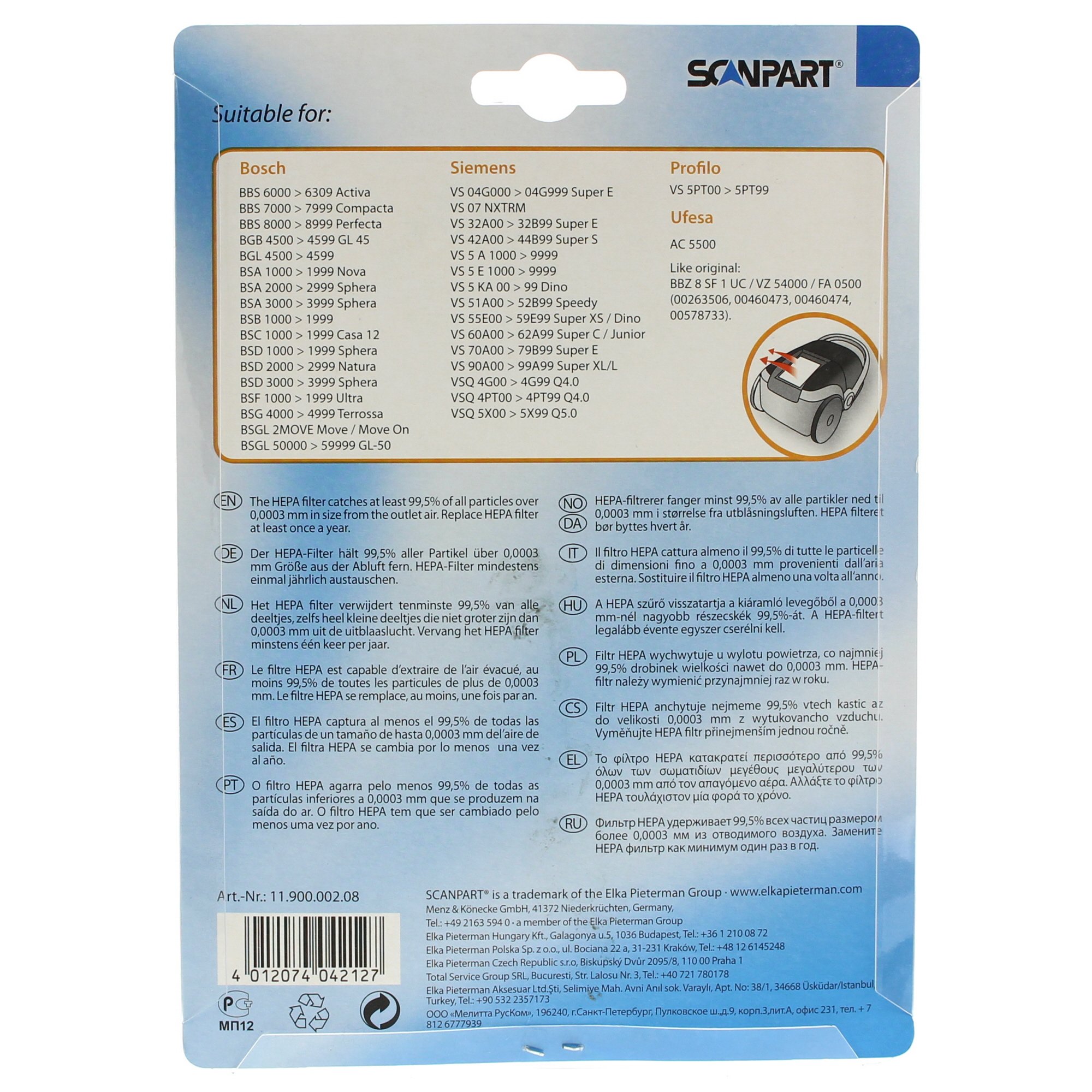 Scanpart Hepa Filter, Typ: H12, passend für BSA, BB6, BSC, BSD, BSG4