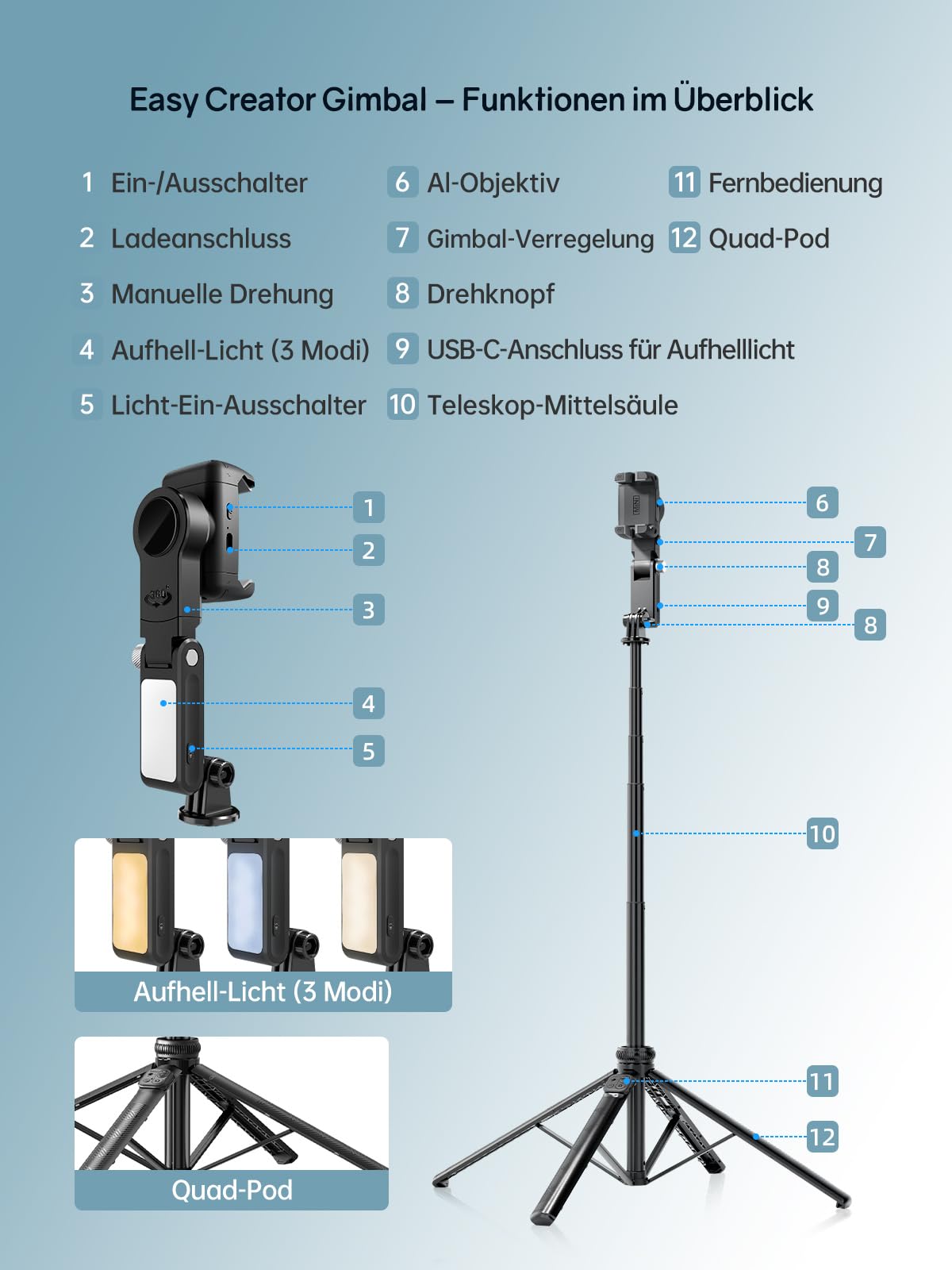 Rollei Easy Creator Gimbal mit AI Tracking  Selfie Stick