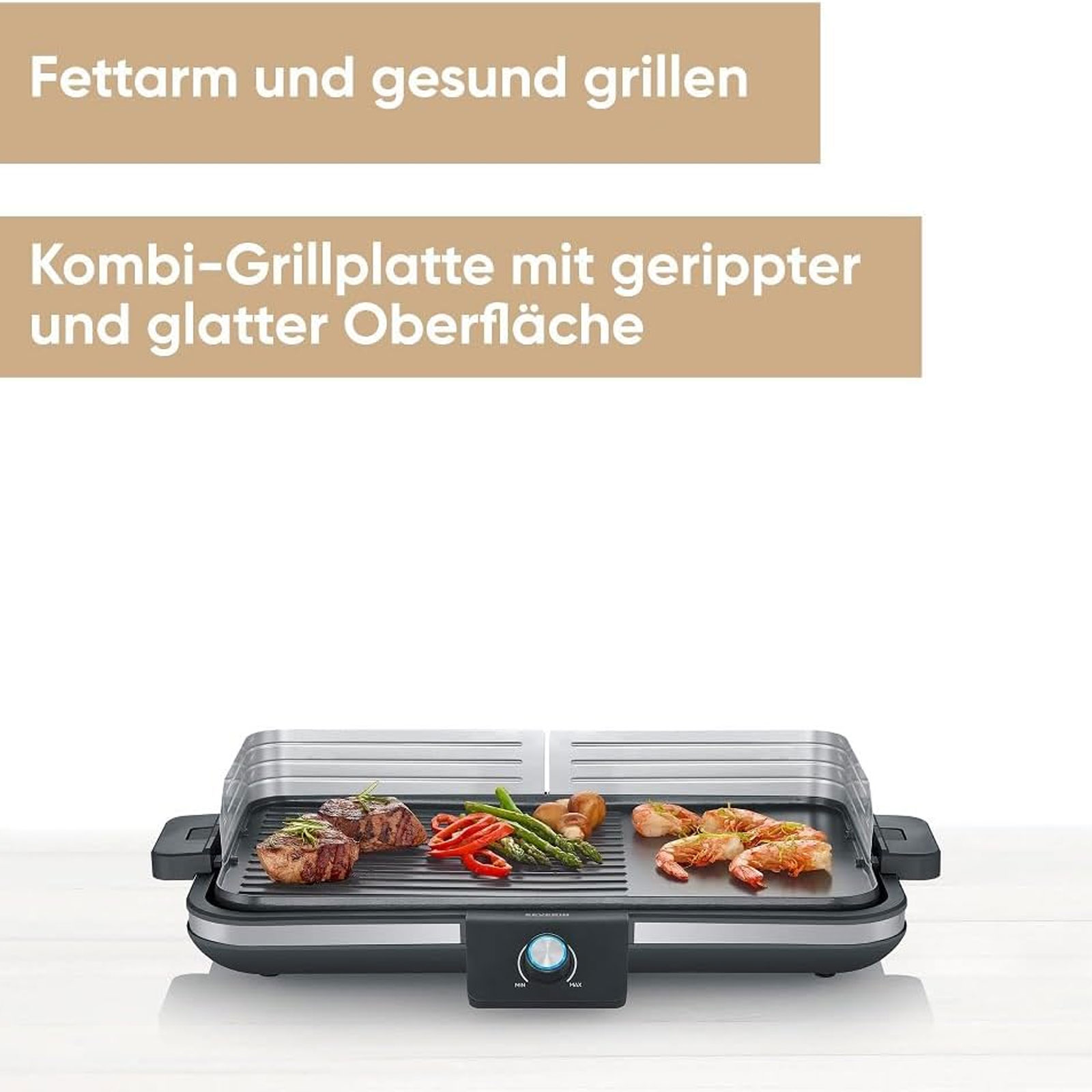 SEVERIN PG 8564 Plancha Tischgrill (2300 Watt, Kunststoff / Edelstahl / Aluminium, stufenlose Regulierung, Grillfläche: 1500cm², antihaftbeschichtet, Windschutz)