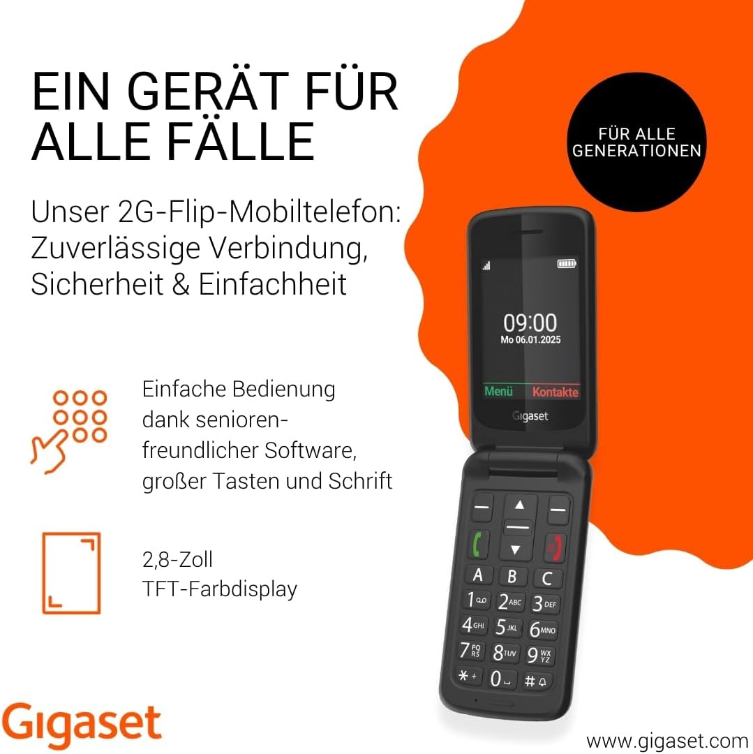 Gigaset GL595 Flip-Mobiltelefon einfache Bedienung für Senioren, große Tasten & SOS-Notruftaste Gigaset GL595 Flip-Mobiltelefon einfache Bedienung für Senioren, große Tasten & SOS-Notruftaste