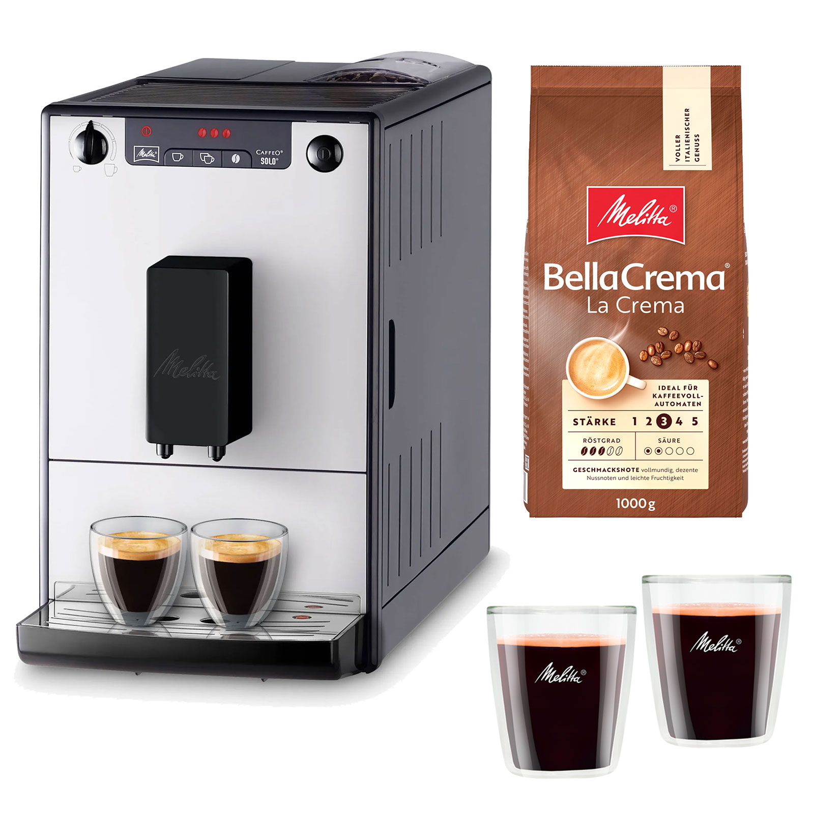 Melitta Pure Silver E950-766 Kaffeevollautomat inklusive Melitta BELLACREMA® LA CREMA und Melitta doppelwandige Espresso-Gläser