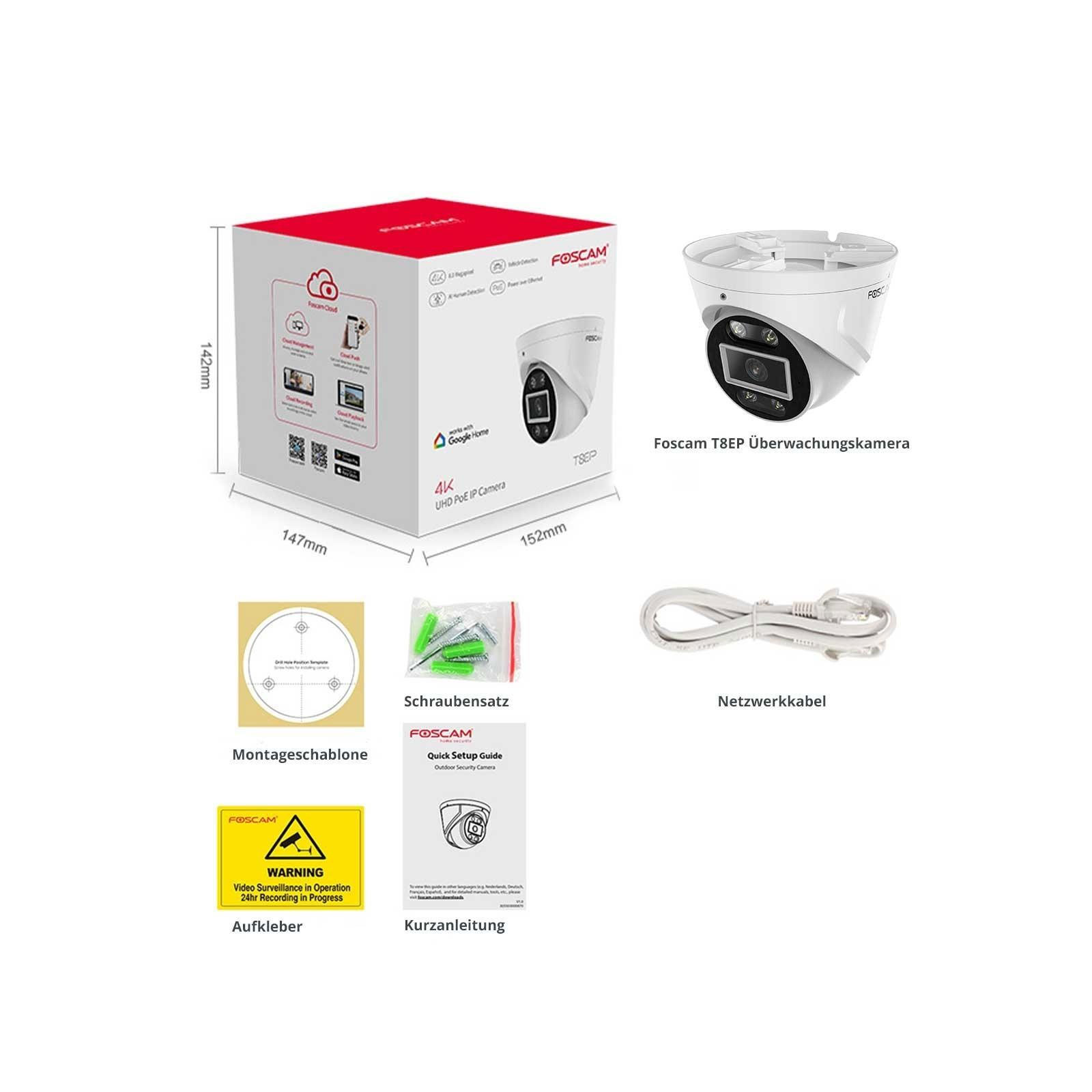 Foscam T8EP, 8 MP PoE-Überwachungskamera mit integriertem Scheinwerfer und Alarmsirene, Schwarz