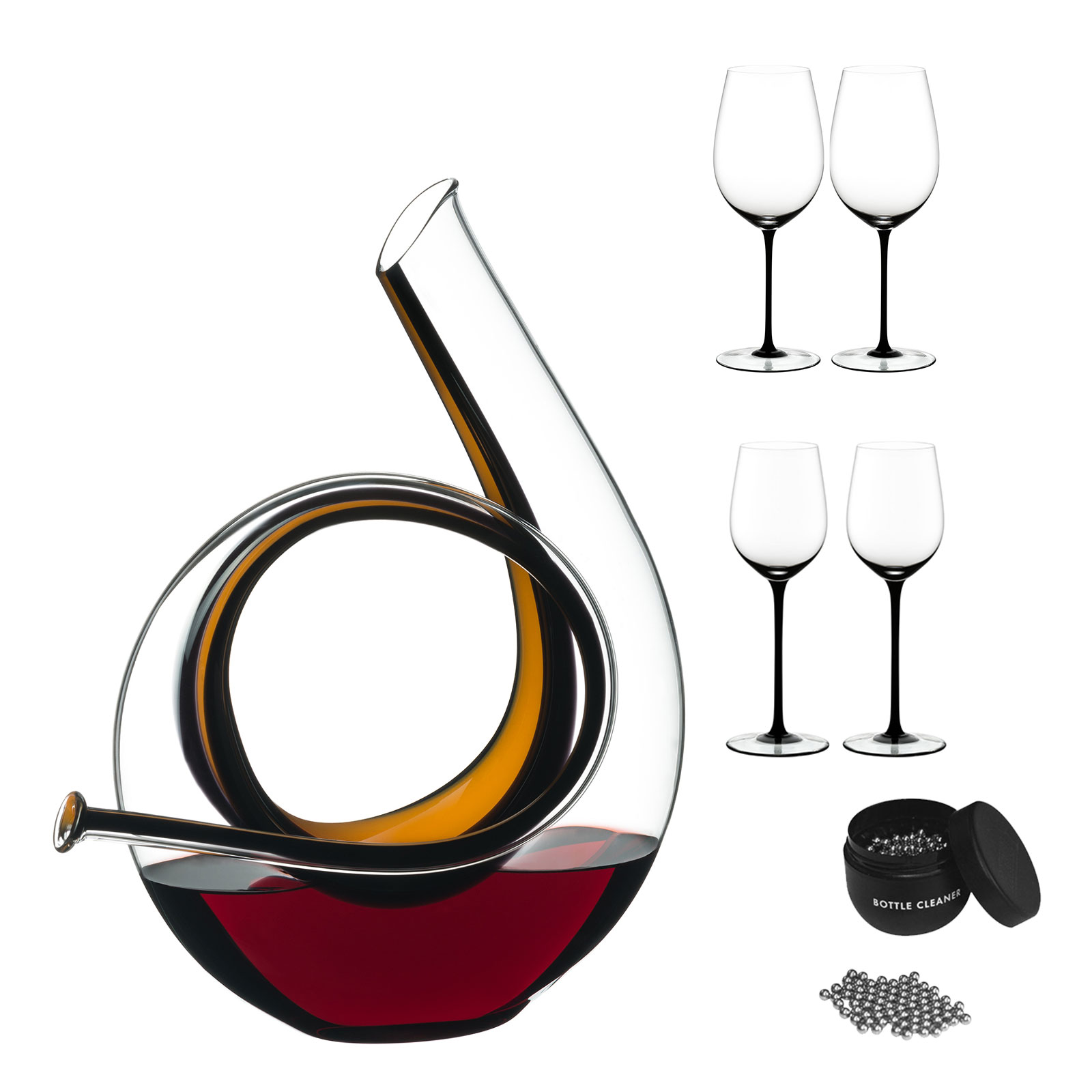 Riedel 2014/14 Dekanter Horn Mini + 2 Riedel Sommelier Black Tie Bordeaux Grand Gru + 2 Riedel Sommeliers Black Tie Reifer Bordeaux inkl. Riedel Glas Reinigungskugeln