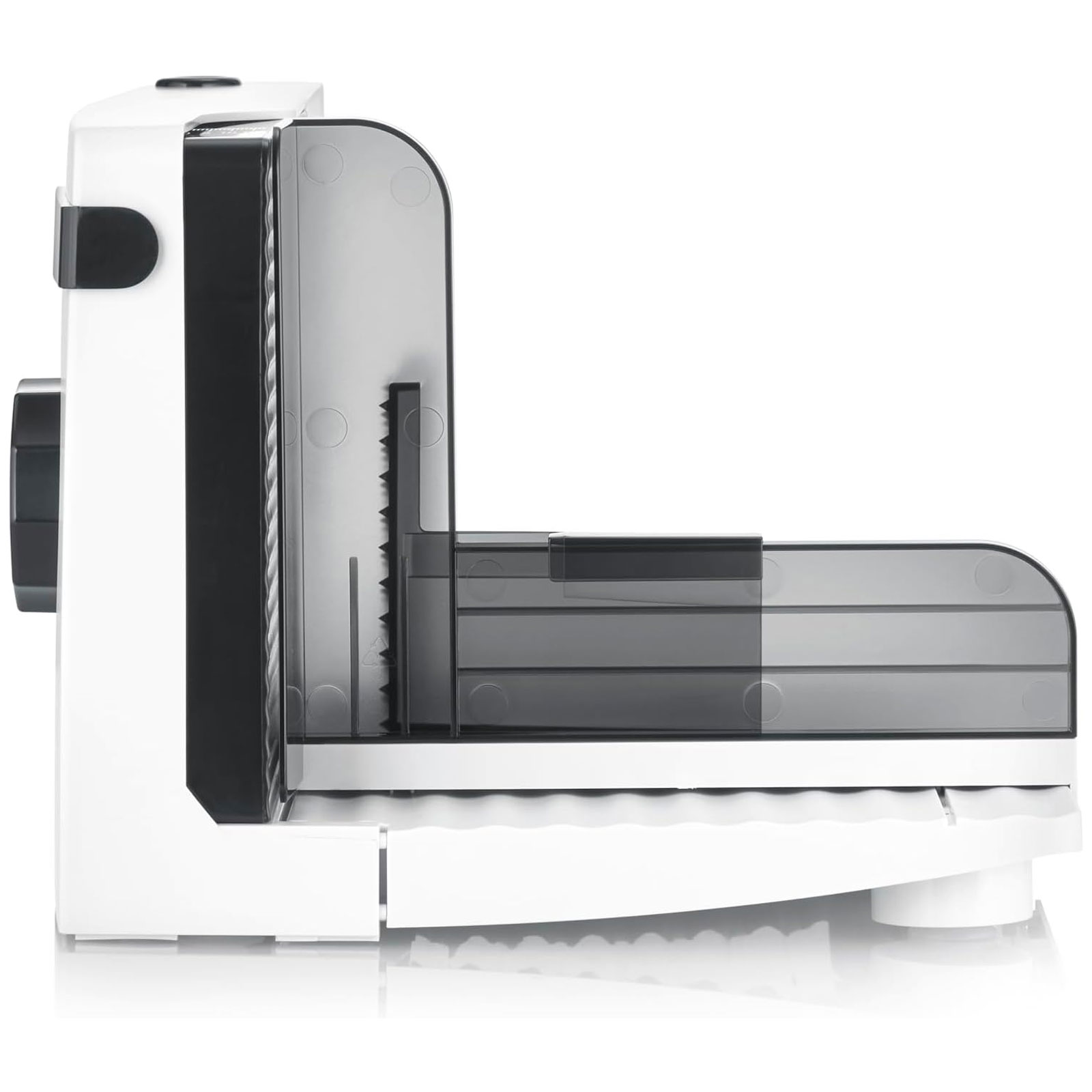 SEVERIN Allesschneider AS 3912 (100 W, Rundmesser von RSG Solingen aus Edelstahl, herausnehmbar, Schnittstärke von 0 bis 15 mm, zusammenklappbare Grundplatte, Kabelaufwicklung, Weiß/Schwarz)