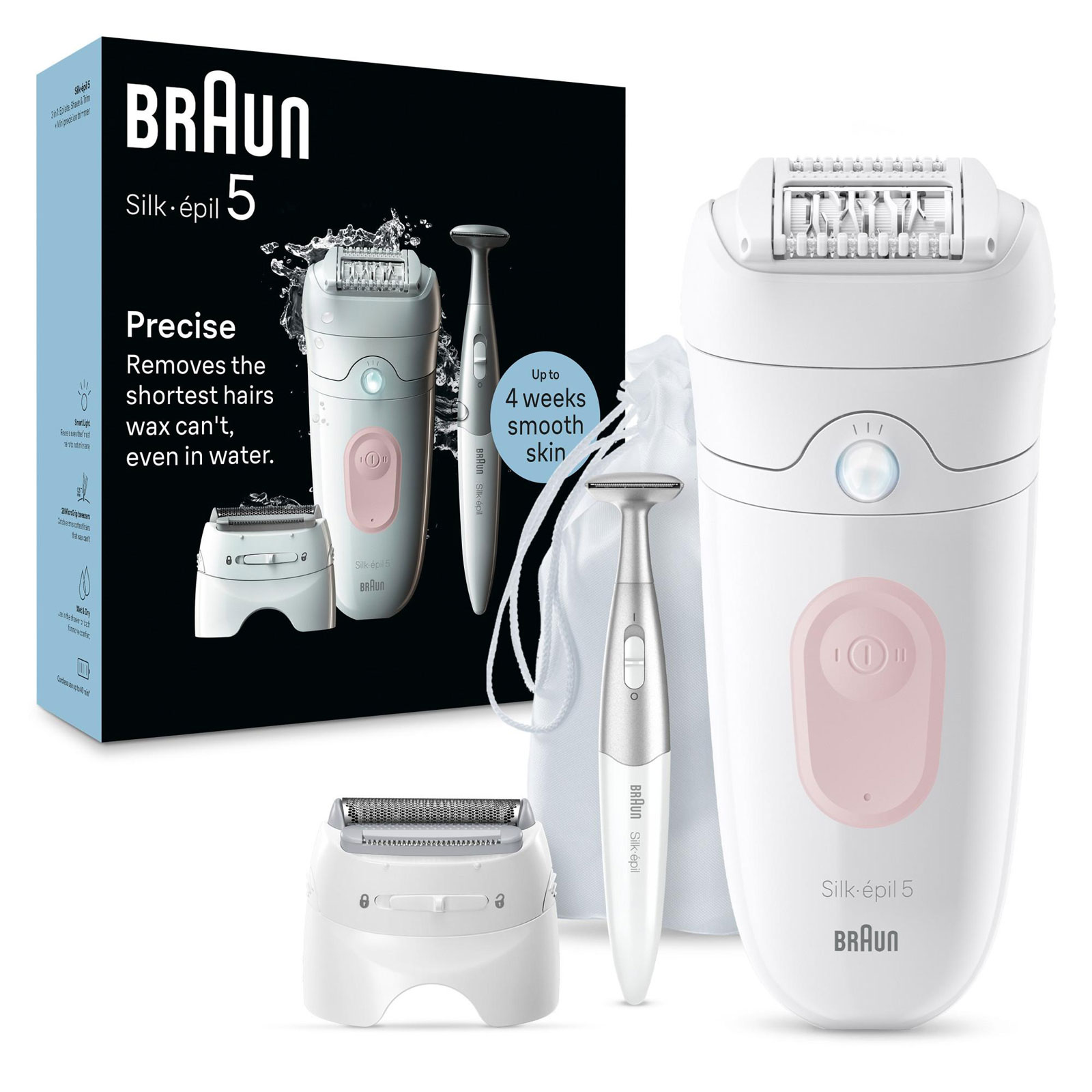 Braun Epilierer Silk-épil 5 5-230 (MicroGrip Pinzettentechnologie, Massagerollen-Aufsatz, Wet&;Dry-Anwendung, Bikinitrimmer, Rasieraufsatz, Trimmeraufsatz, Made in Germany)
