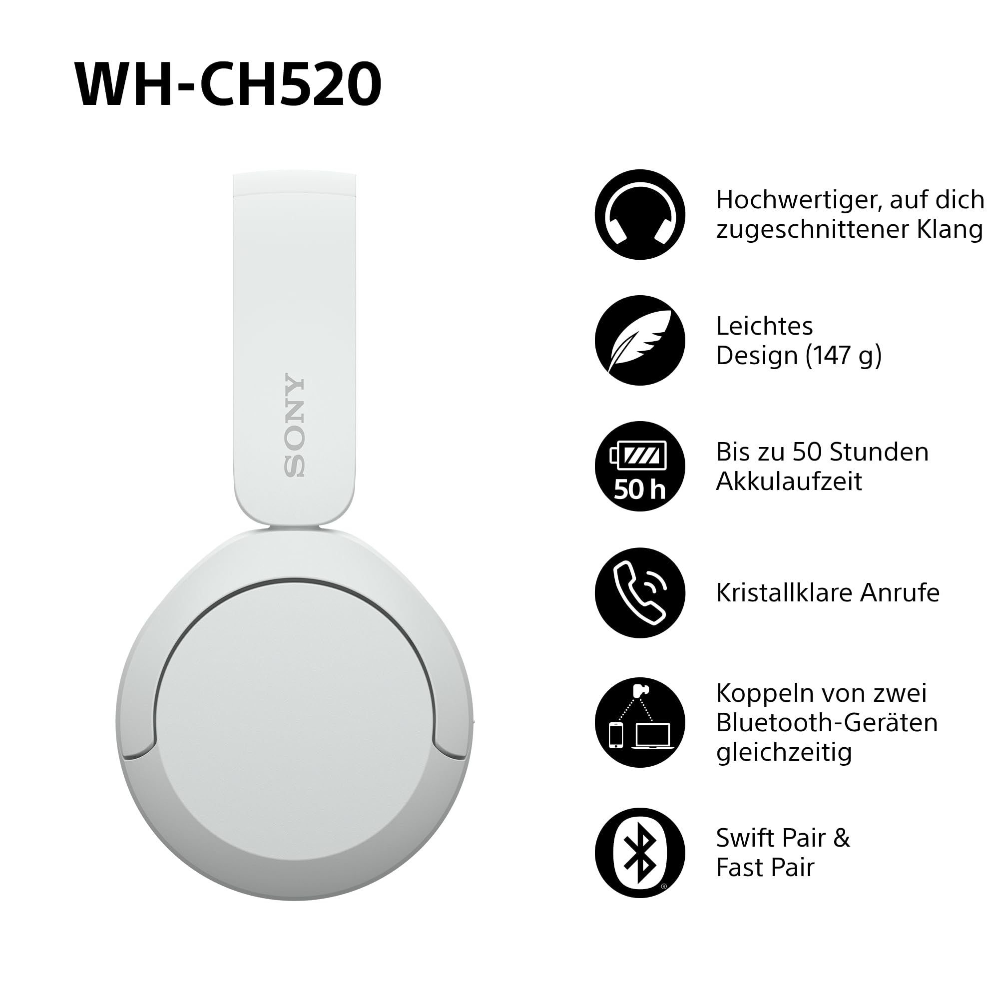 Sony WH-CH520 Kabellose Bluetooth-Kopfhörer