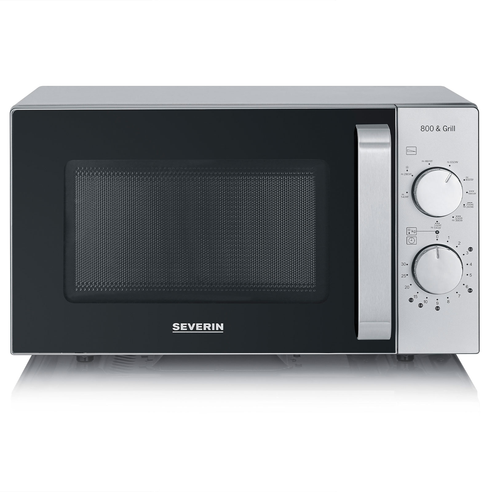 SEVERIN Mikrowelle MW 7576 Flachbett Silber (20 Liter, 800 Watt Mikrowellenleistung, Grill, 9 Leistungsstufen, 9 Programme, Drehknöpfe, Einschubrost, matt schwarz, silber)