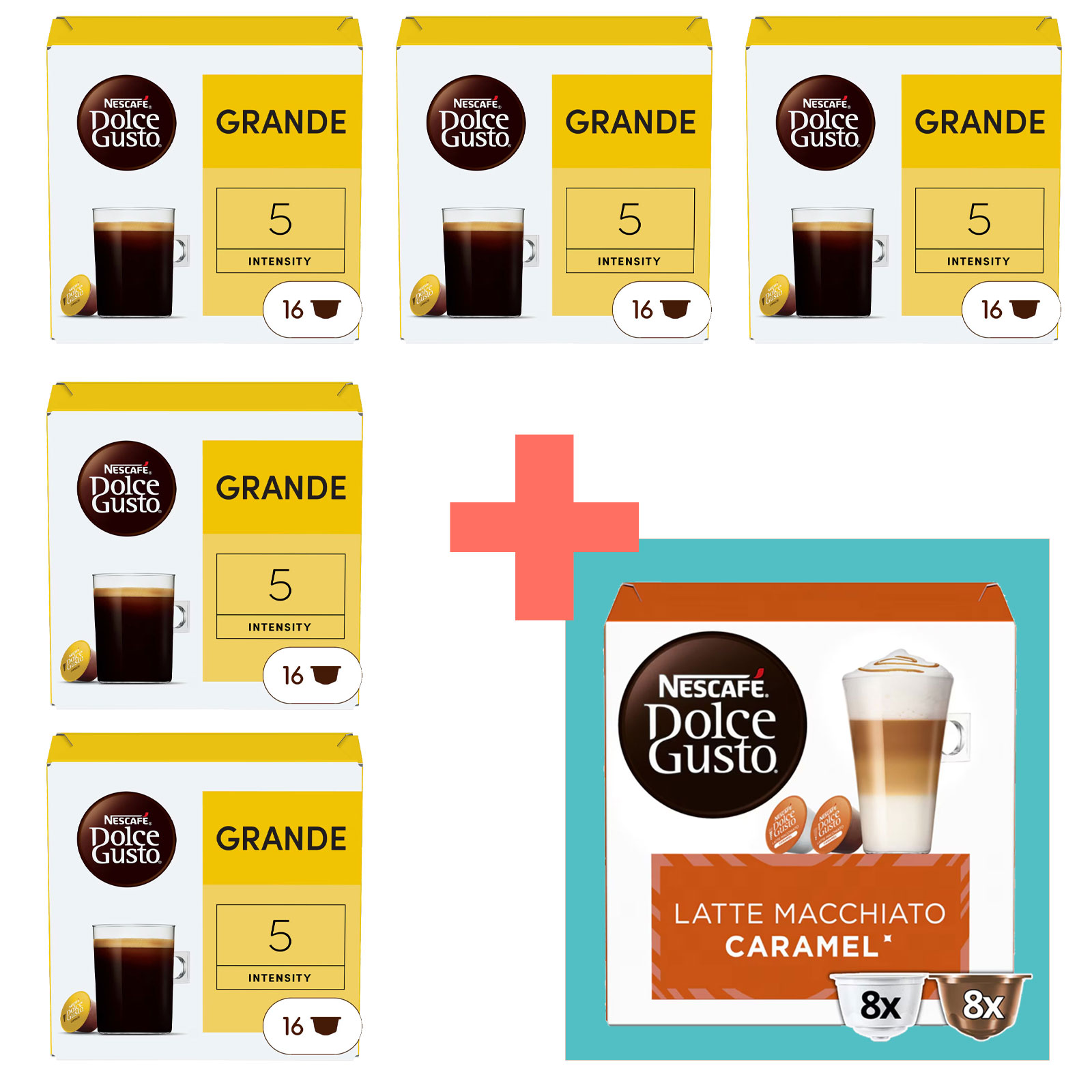 NESCAFÉ DOLCE GUSTO Topseller 6er Pack, Grande (5x16 Kapseln) + Latte Macchiato Caramel (1x16 Kapseln)

