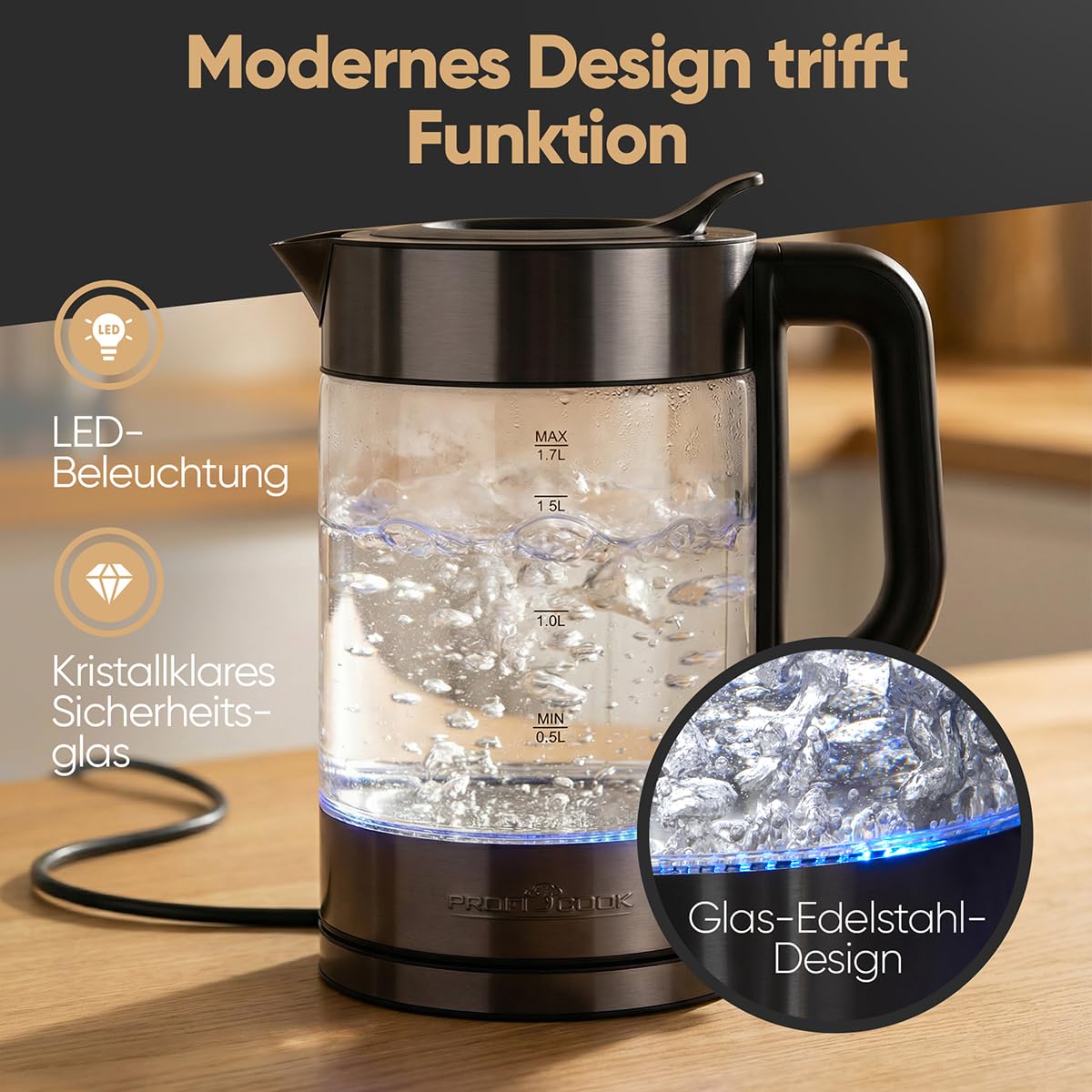ProfiCook® Wasserkocher Glas | 1,7L | 2200W | beleuchtet | Einhandbedienung