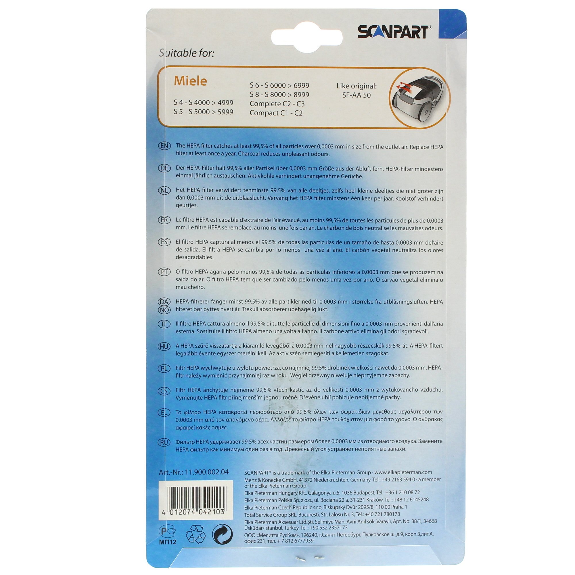 Scanpart Hepa Filter, Typ SF-AA 50, passend für Miele S4, S5, S6, S9