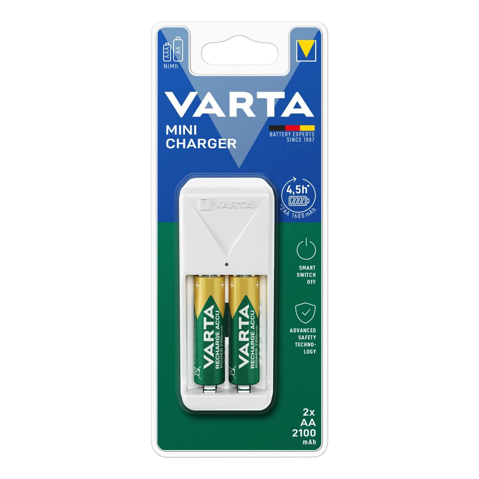 VARTA Ladegerät Mini Charger 2x AA 56706 2100mAh (4,5 h Ladezeit, lädt 2 AA oder AAA Akkus, Ladeanzeige, 2x Recharge Accu Power AA 2100 mAh)