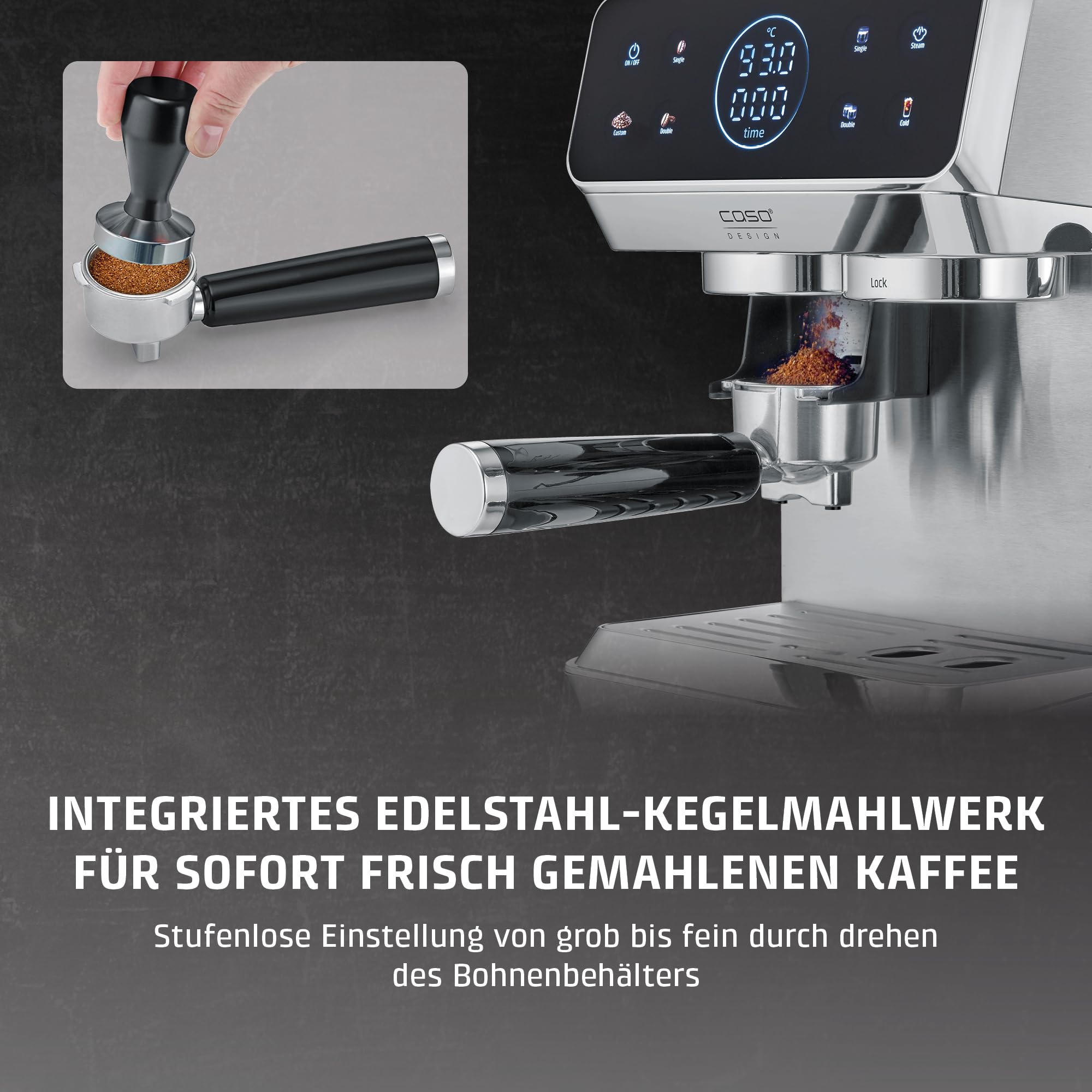CASO EspressoGourmet & Grind Siebträgermaschine Edelstahl mit Mahlwerk