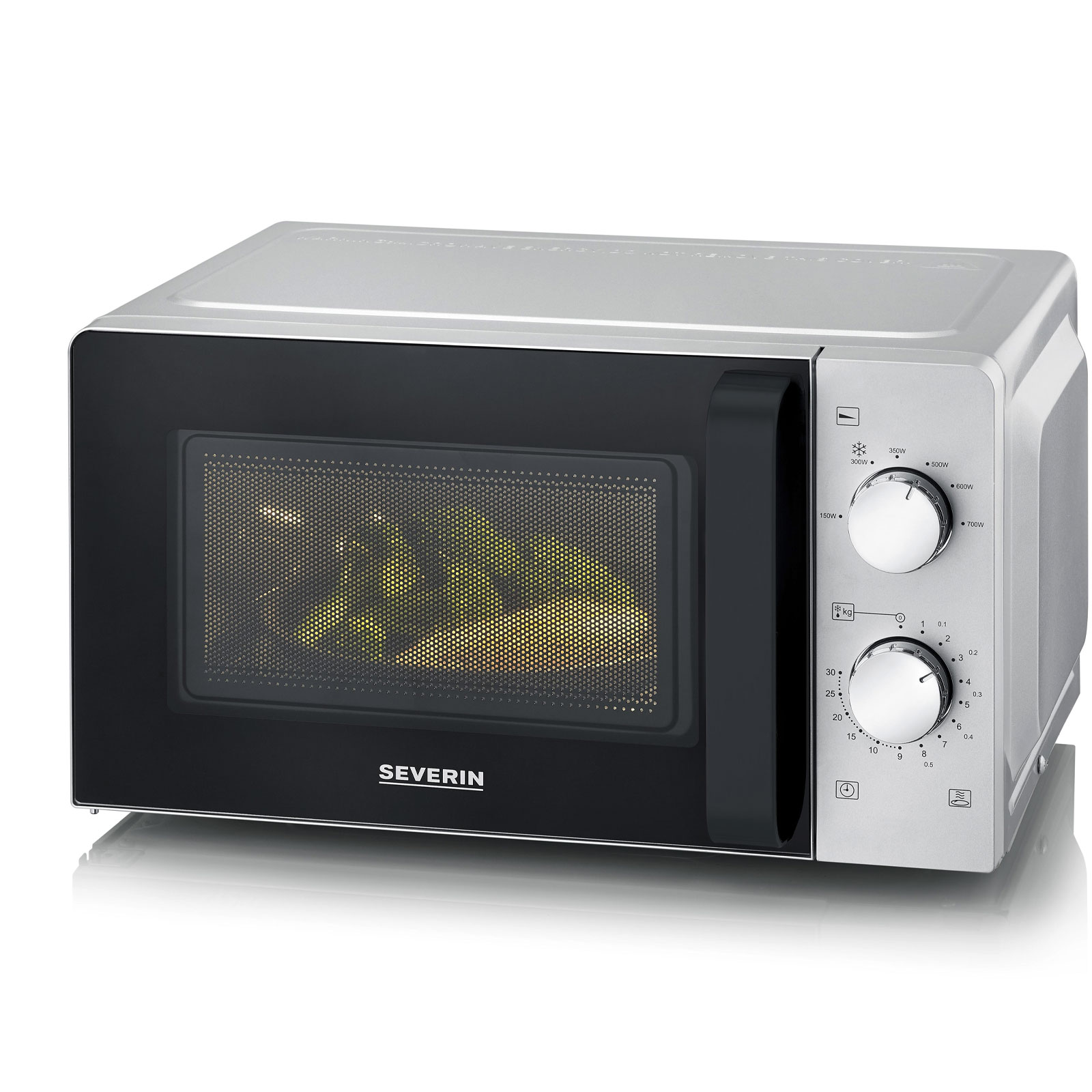 SEVERIN MW 7572 Inverter Silber Mikrowelle (19 Liter, 700 Watt Mikrowellenleistung, 6 Leistungsstufen, 6 Programme, Auftau-Funktion, Inverter Technologie, Glasdrehteller 24 cm, 30 Minuten Timer mit Endsignal, lackierter Innenraum, Silber/Sc