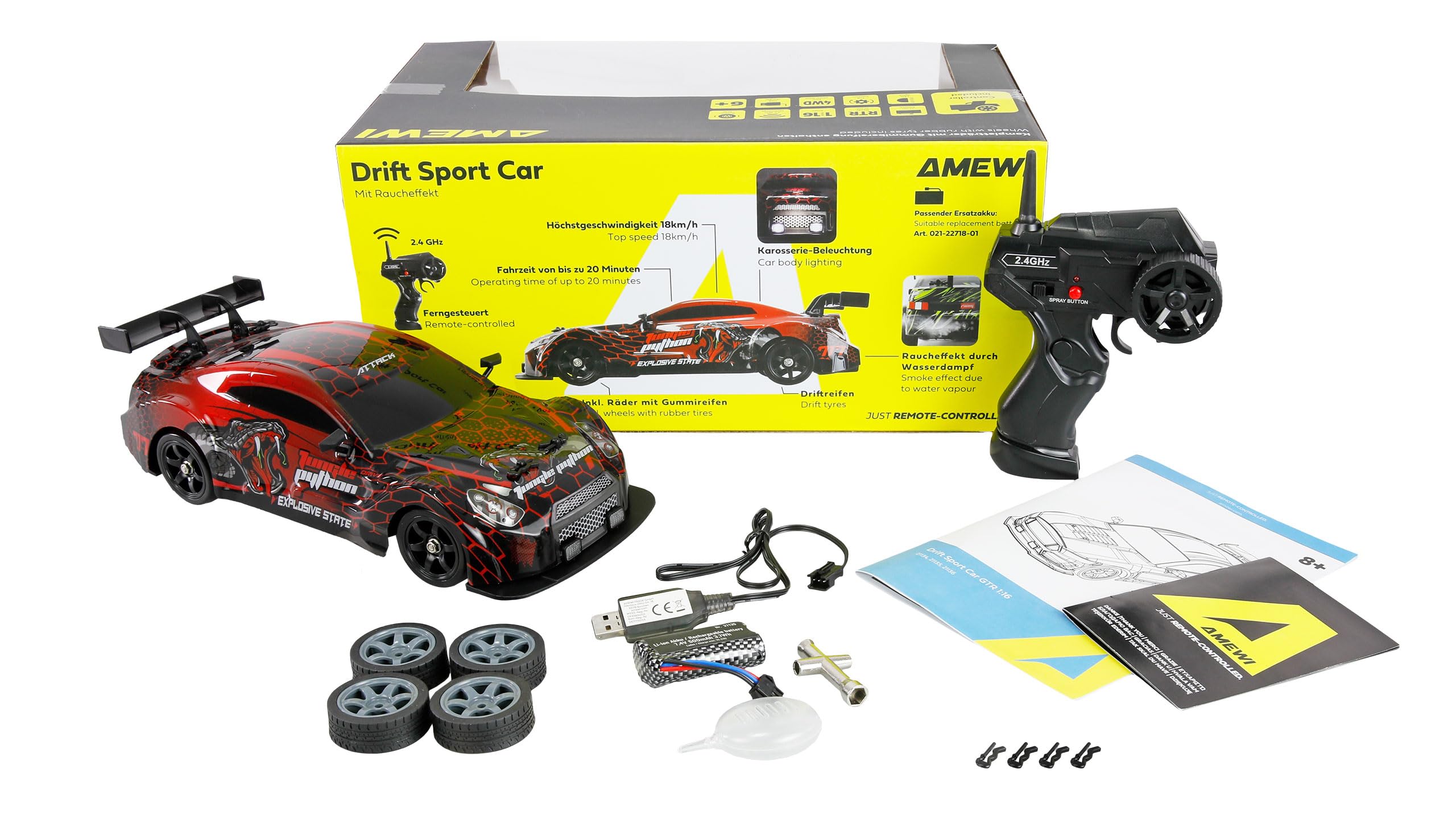 Amewi Ferngesteuertes Drift Sport Car GTR mit Raucheffekt 4WD 1:16 RTR