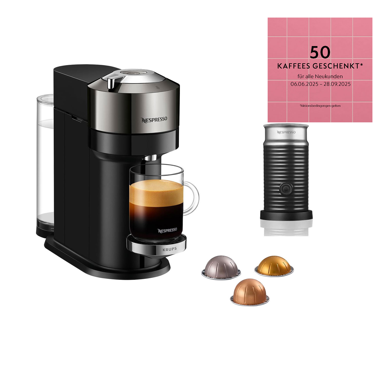 Krups XN 910C Nespresso Vertuo Next Dark Chrome + Nespresso Aeroccino 3 Milchaufschäumer