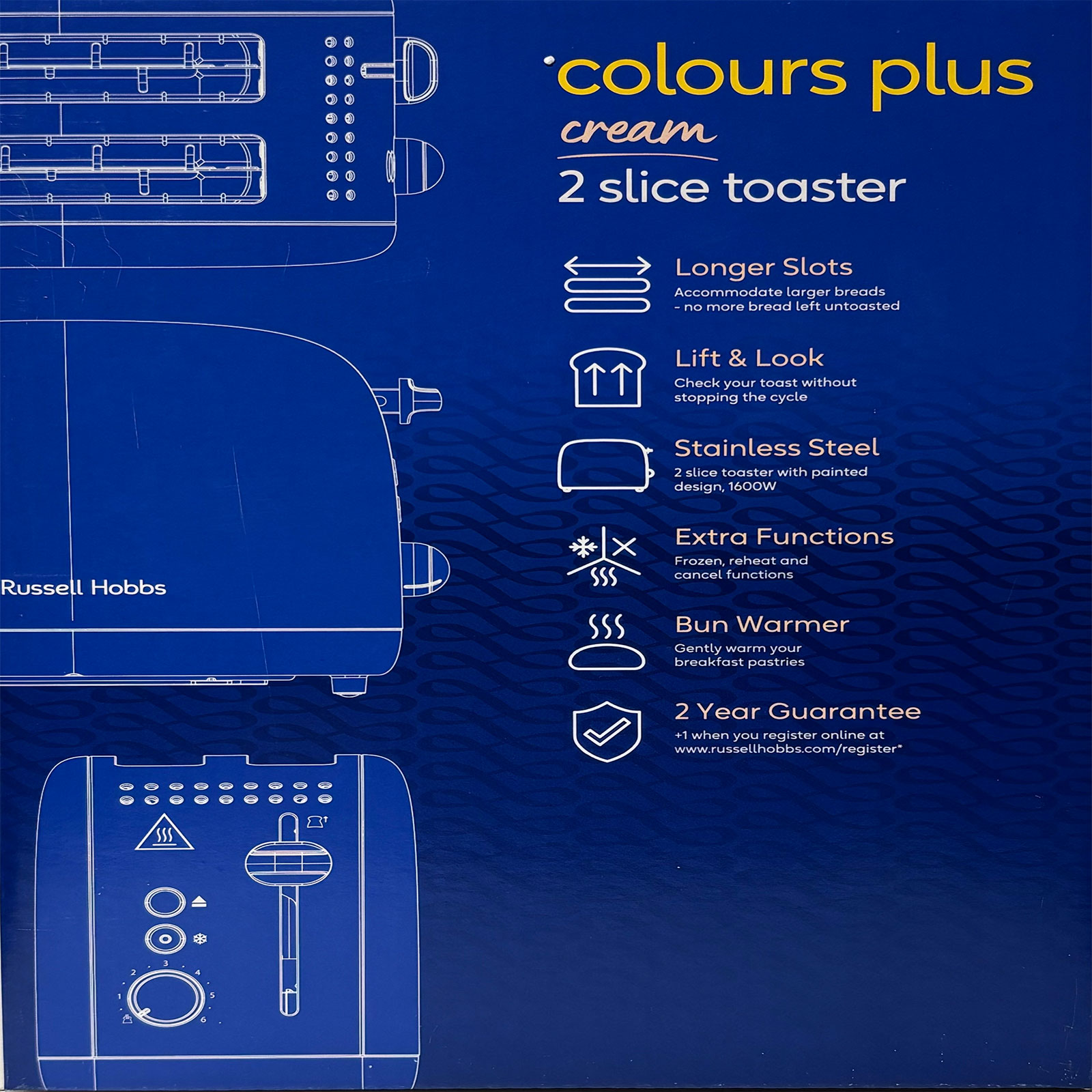 Russell Hobbs 26551-56 Colours Plus cream Toaster (2 Scheiben, 1600 W, Edelstahl und Kunststoff, beige, Brötchenaufsatz, Auftaufunktion, Aufwärmfunktion)