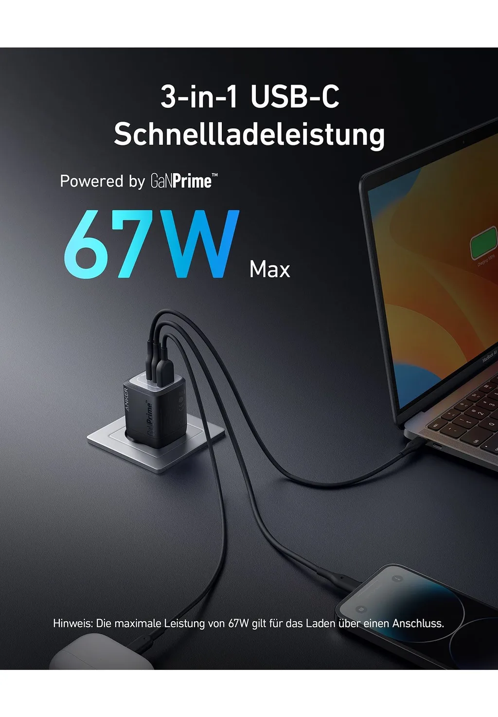 Anker 735 Prime, 67 Watt, Fold, Schwarz Ladegerät (USB-A + USB-C)