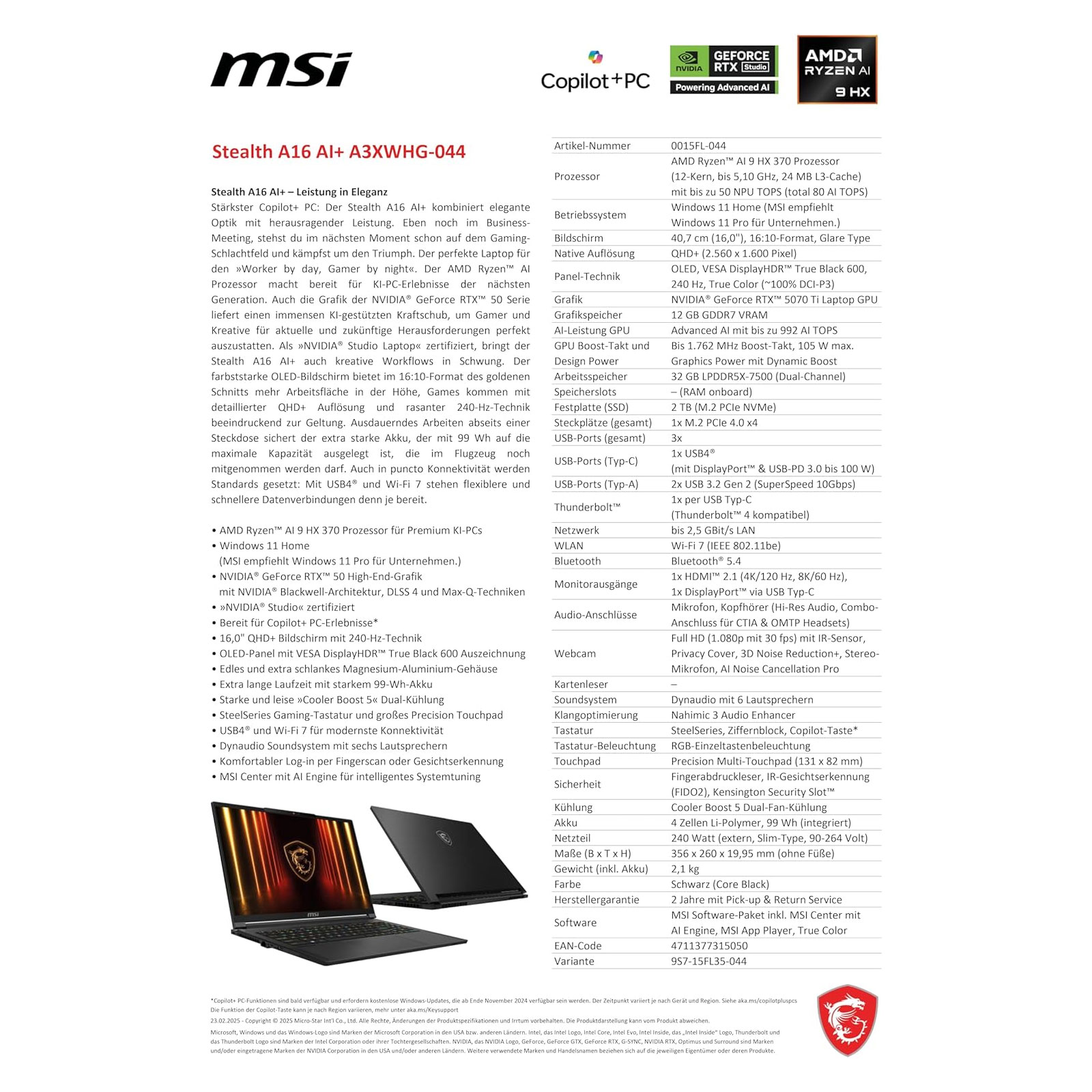 MSI Stealth A16 AI+ A3XWHG-044 Gaming-Notebook