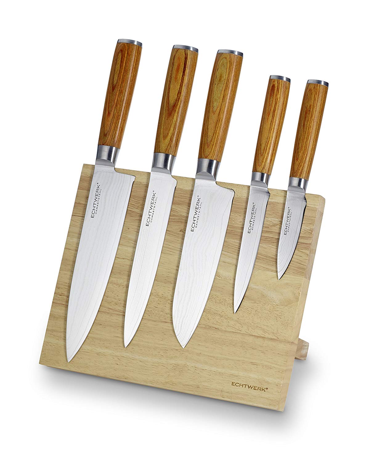 Echtwerk Damastmesser Set 5tlg. Inkl. Magnet‐Messerblock aus Holz