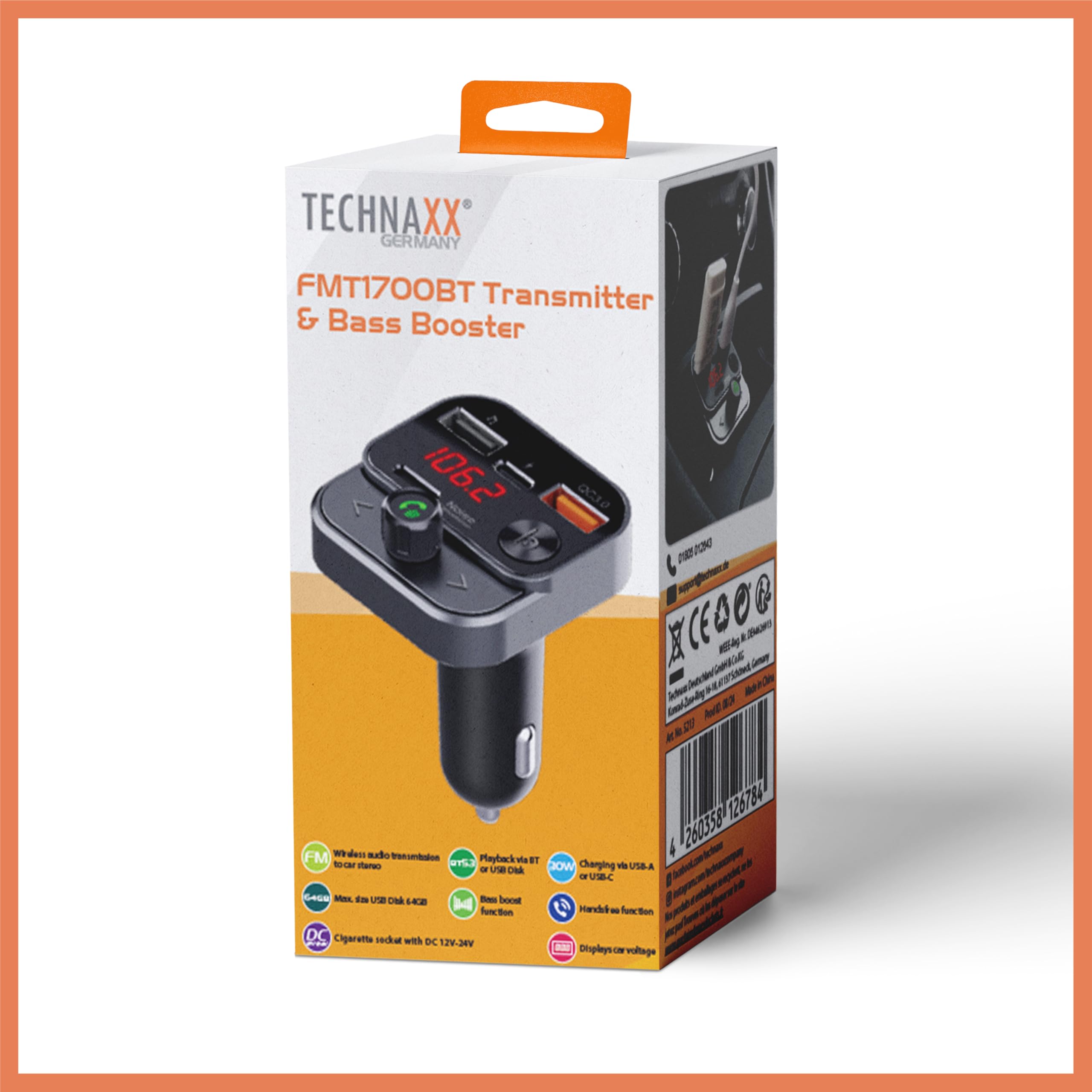 TECHNAXX FMT1700BT FM-Transmitter Bluetooth USB Freisprechfunktion
