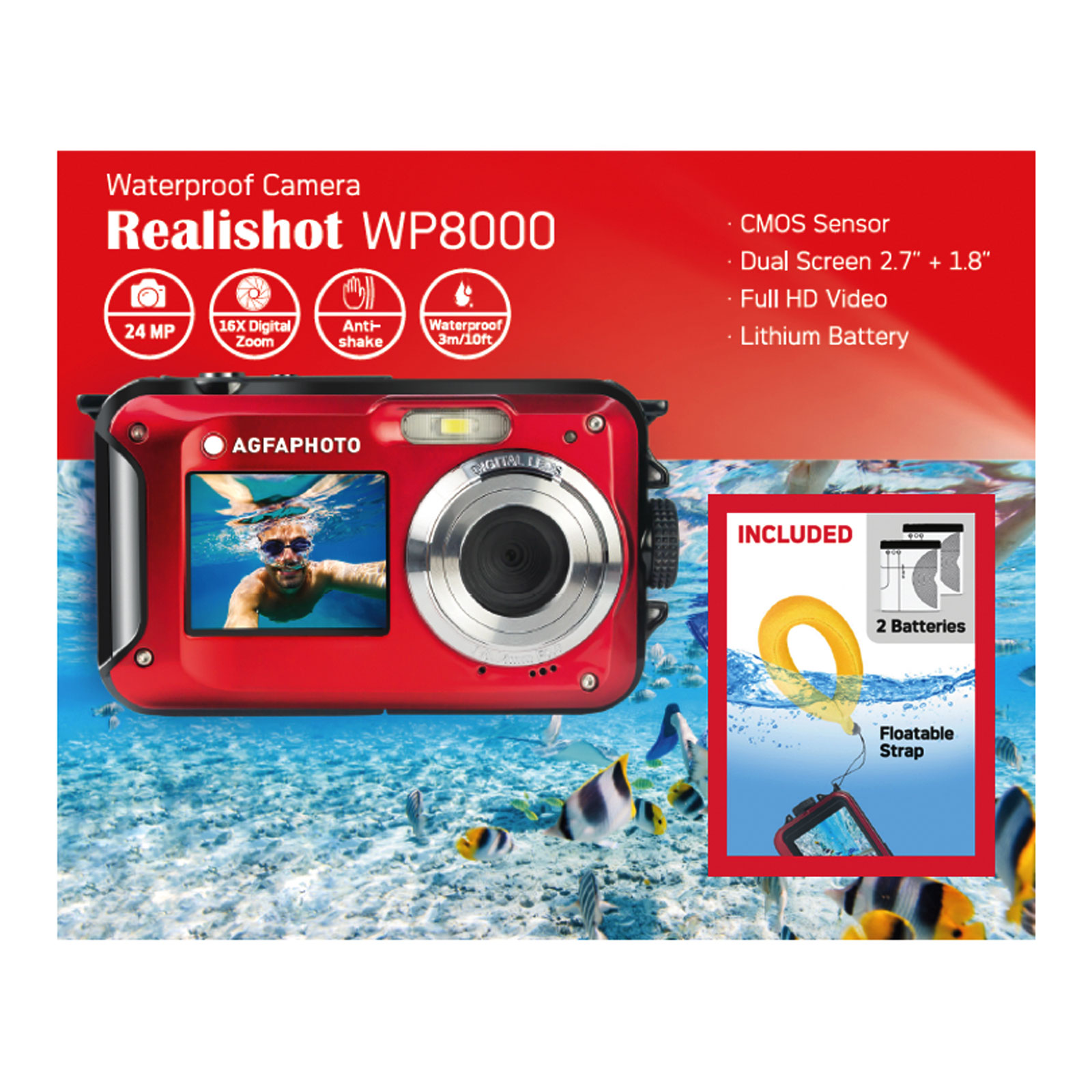 AGFAPhoto Kompaktkamera WP8000 rot Kit mit Schwimmgriff und zweitem Akku (Wasserdicht bis zu 3m, 24 MP, Full HD)