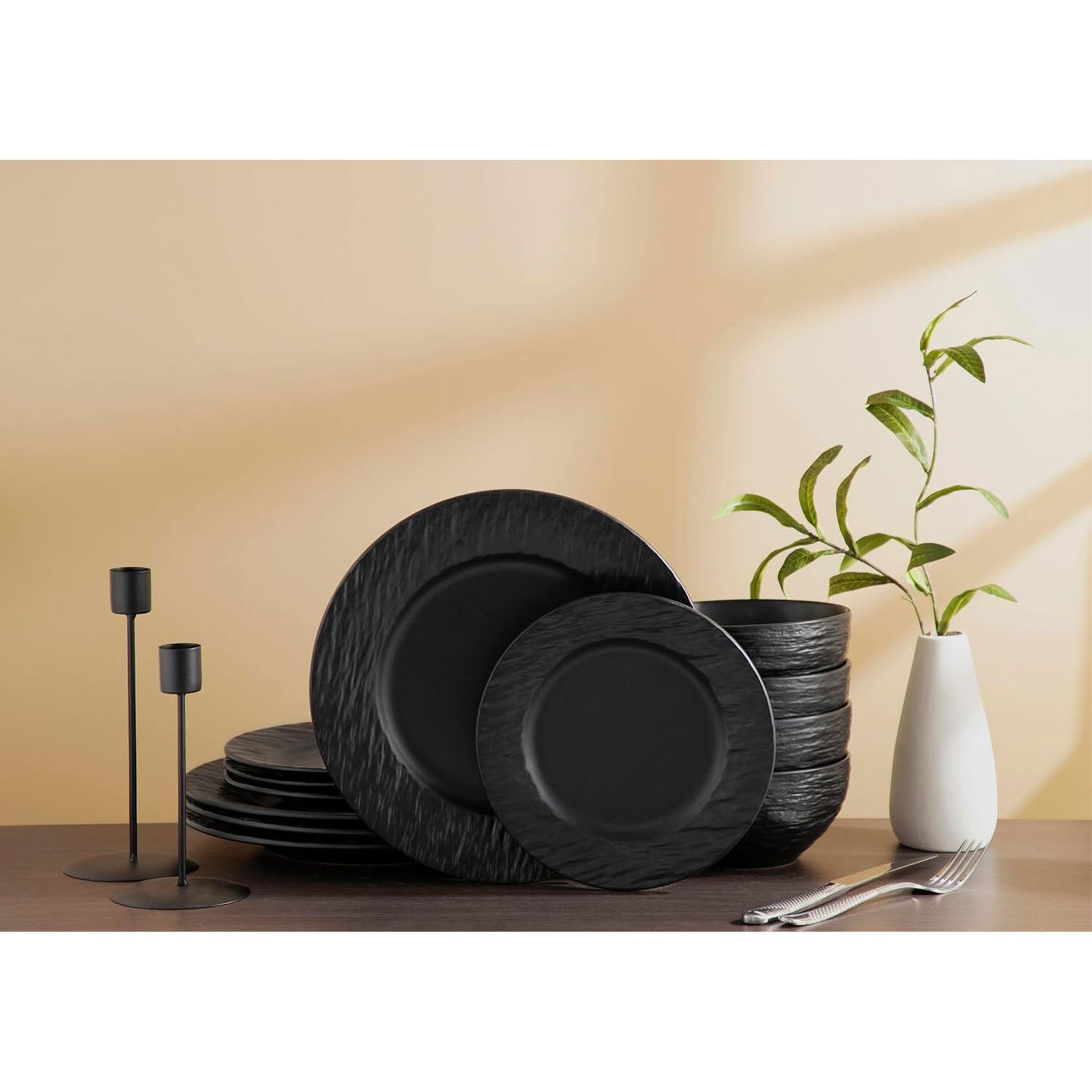 Echtwerk EW-DW-4018S 12-teiliges Tafelservice in Schiefer-Optik New Modern Black